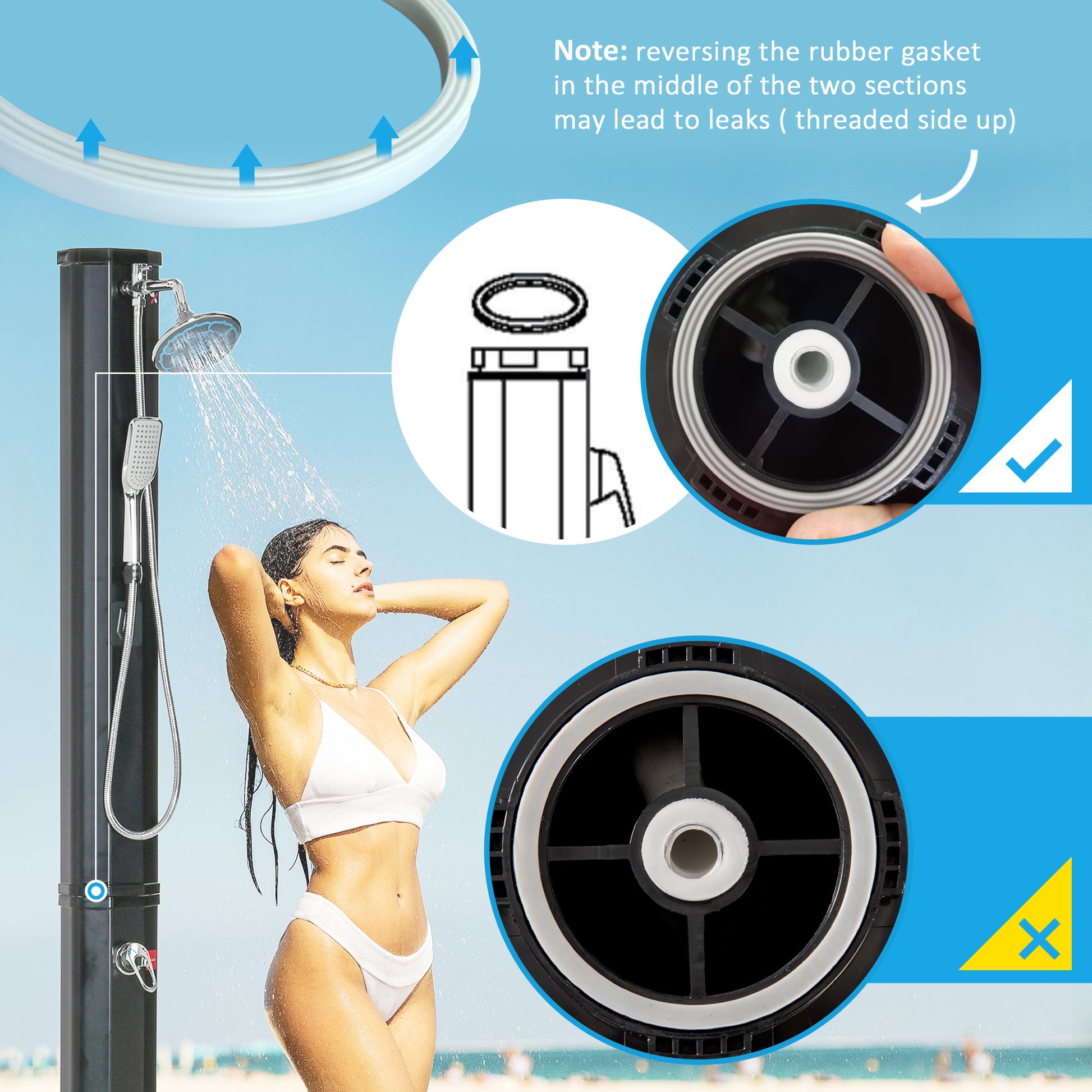 Outsunny 7' Outdoor Solar Heated Shower With 360 Rotating Rainfall & Handheld Shower Head, Foot Shower Faucet, Temperature And Pressure Adjustable, Holds 9.2 Gallons For Backyard Pool Black Plastic