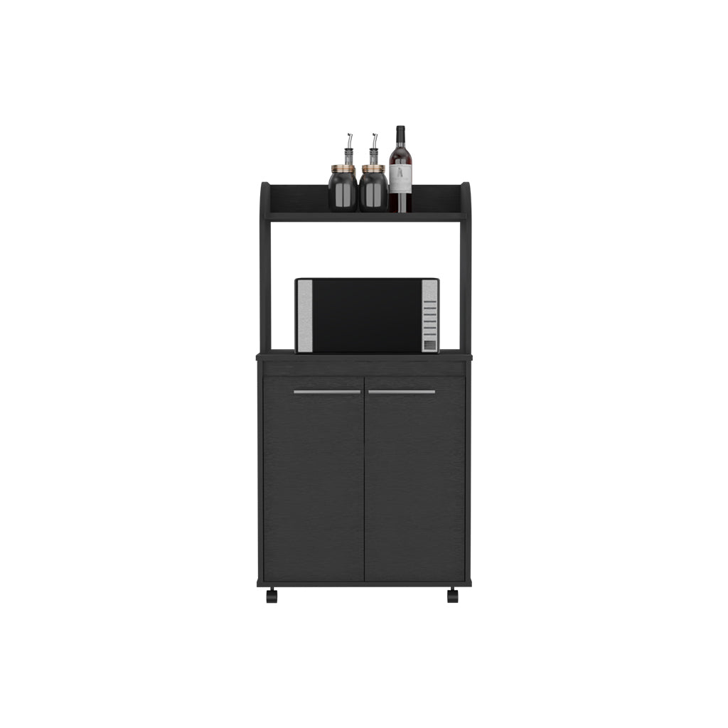 Kitchen Cart 49" H, Two Door Cabinet, One Open Shelf, Two Interior Shelves, Black Black Particle Board Particle Board