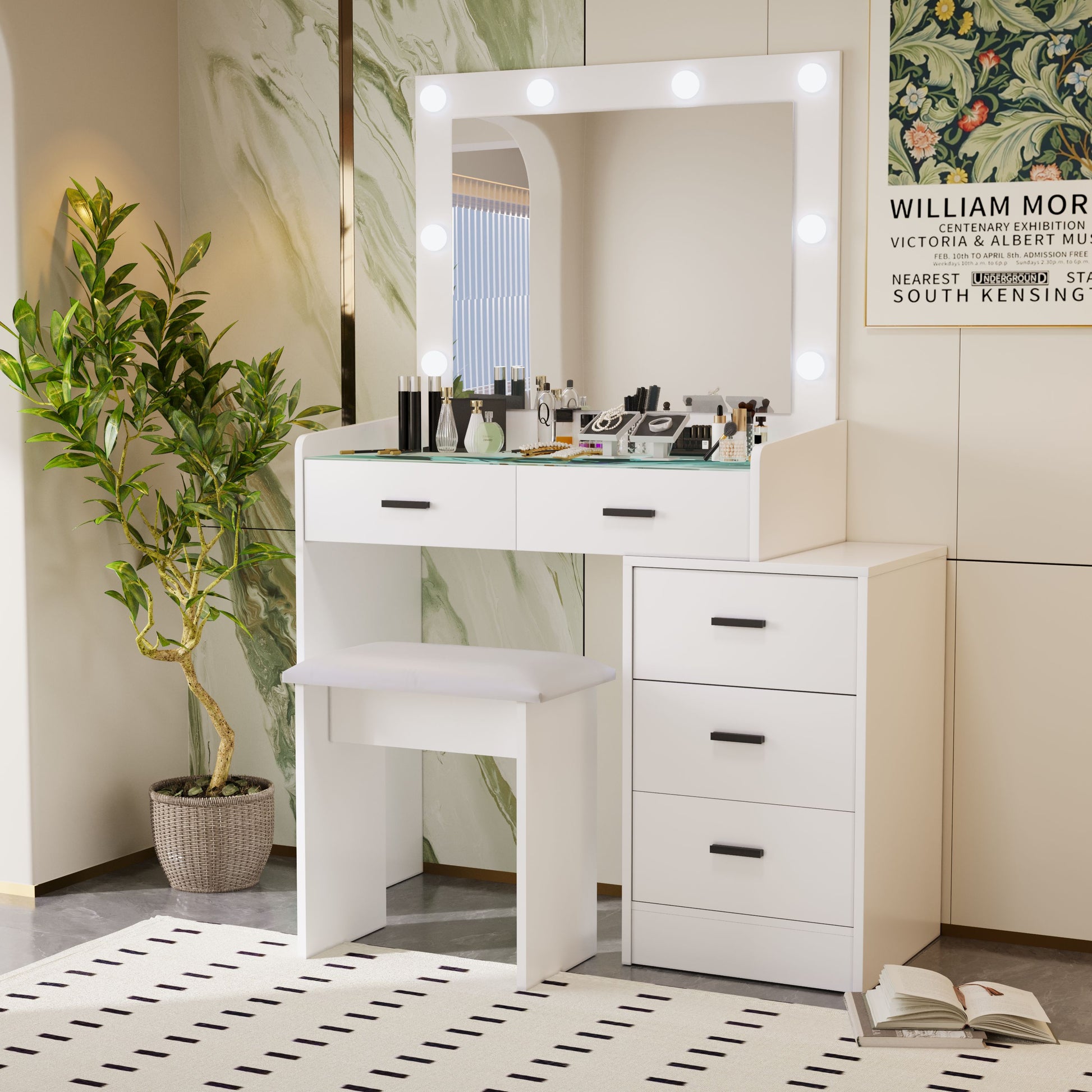 White Color Adjustable Dressing Table With 4 Drawers Matte White White Drawer 5 Drawers & Above Bedroom Extra Deep Drawers Modern 2 Or Less Poplar