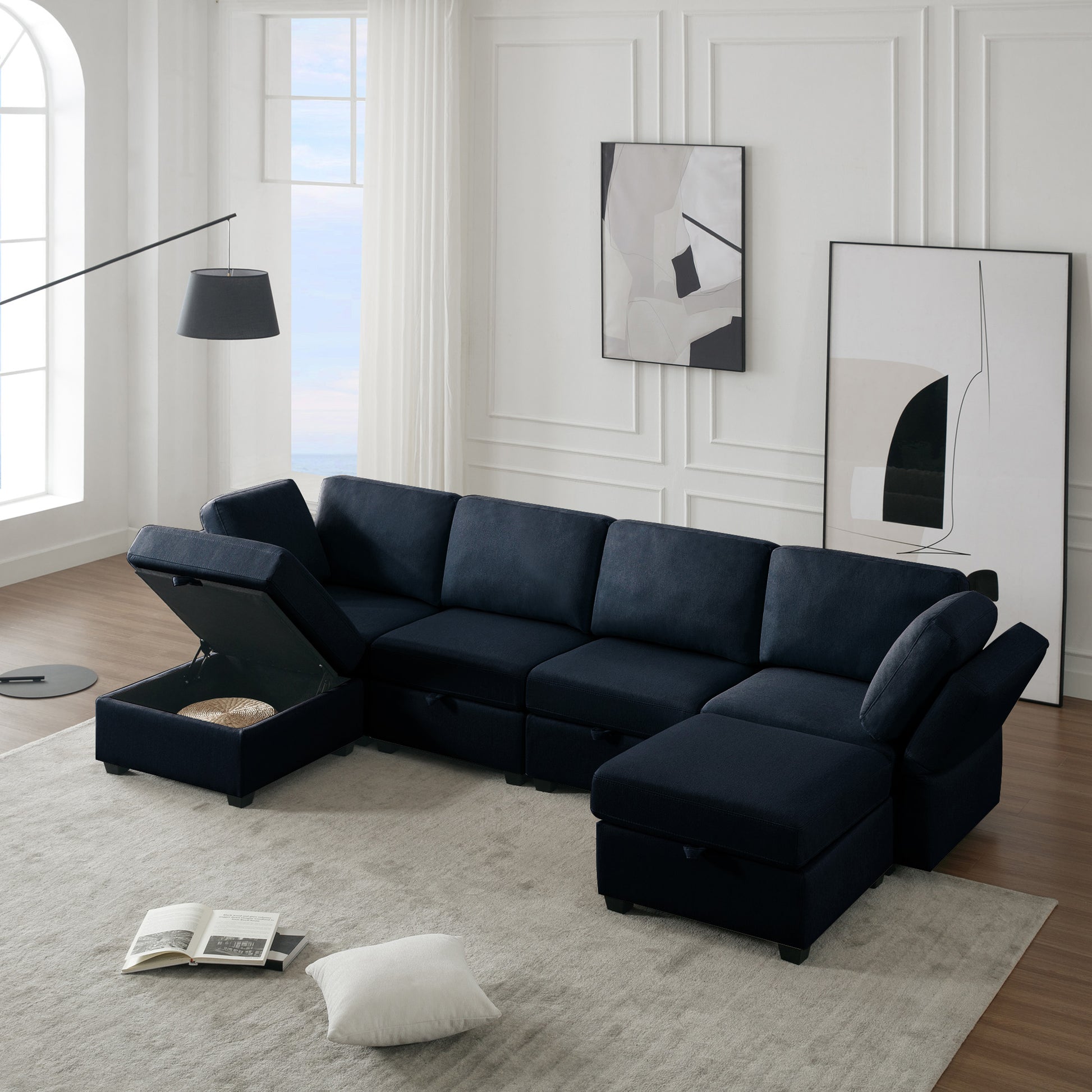 Adjustable Arms And Backs Modern U Shape Linen Couch Modular Sectional Sofa Couch With Storage Seat, Large Convertible Sofa With Reversible Chaise For Living Room Apartment Office, Blue Blue Polyester 4 Seat