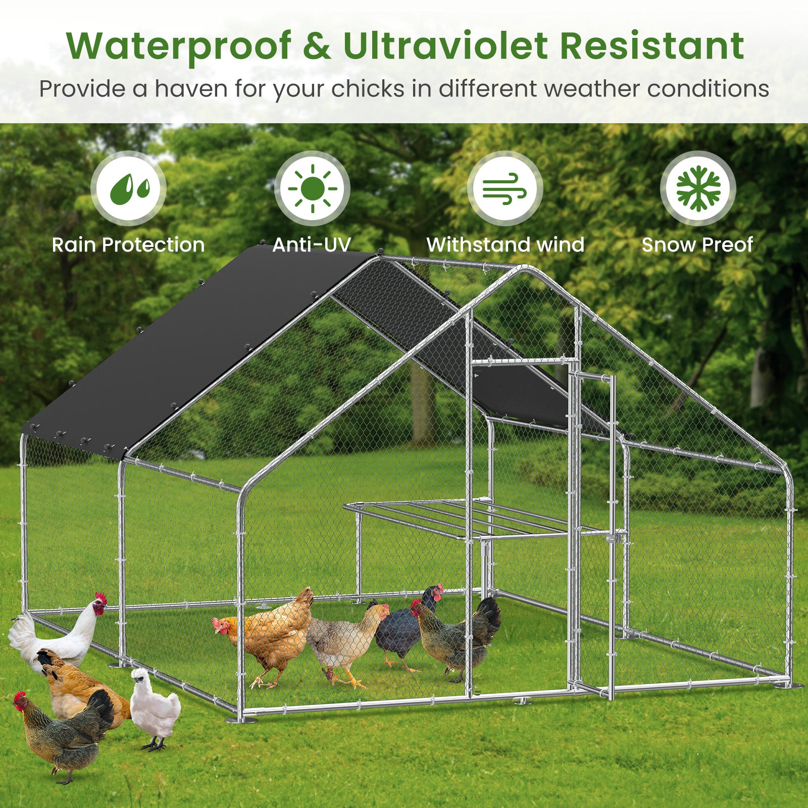 Large Metal Chicken Coop, Walk In Chicken Coop, Galvanized Wire Poultry Chicken Coop, Rabbit Duck Coop With Waterproof And Uv Protection Cover For Outdoor, Backyard And Farm. 9.8' W X 13.1' L X 6.6'