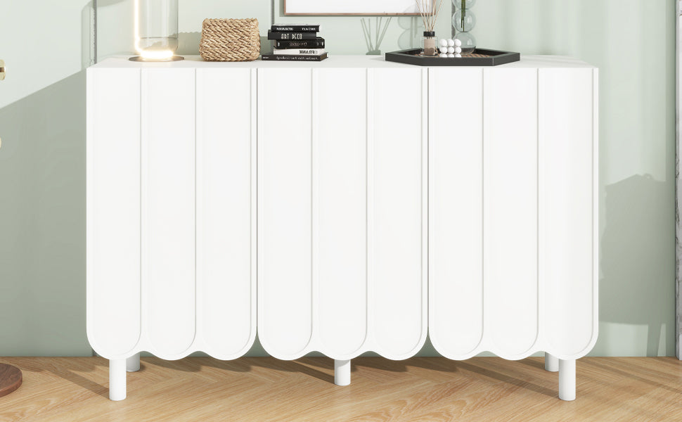 Cream Style Minimalist Shoe Cabinet With 5 Solid Wood Legs, Sideboard Buffet Cabinet With Adjustable Shelves, Large Storage Cabinet With Wave Doors For Living Room, White White Mdf