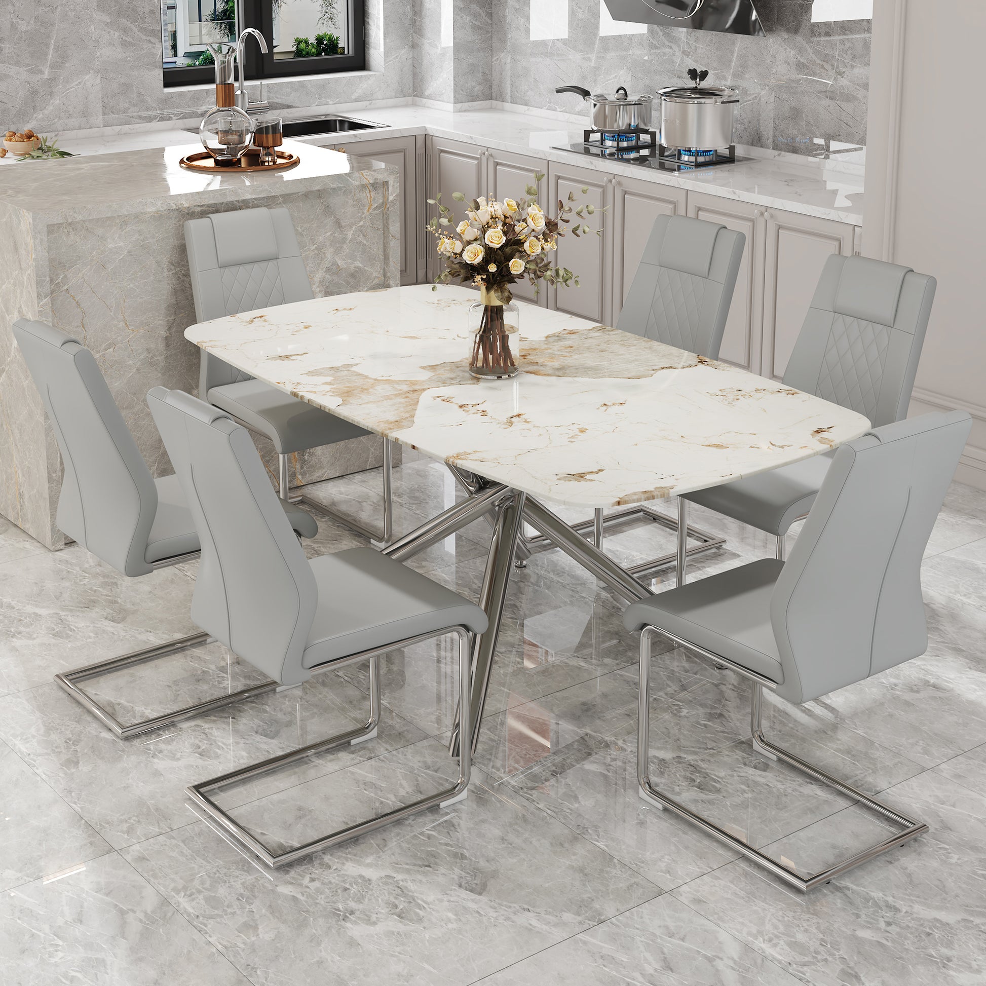 Table And Chair Set, Large Modern Minimalist Rectangular Dining Table, 0.39 "Imitation Marble Tabletop And Silver Metal Legs, Soft Leather Seats. F 1537 Silver Glass Metal