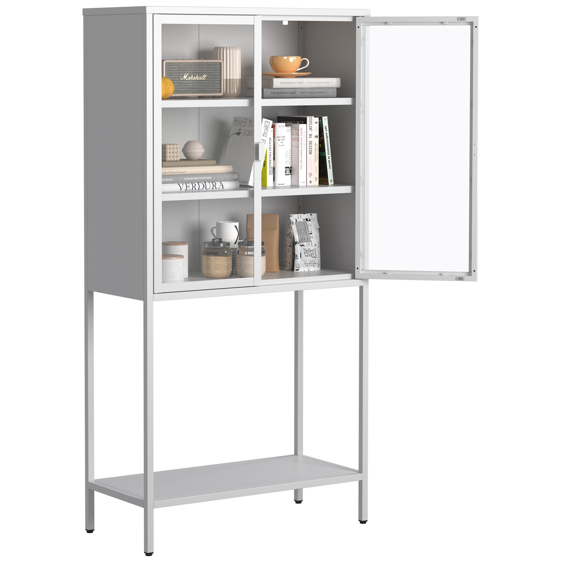 59"H Heavy Duty Metal Storage Cabinet, Display Storage Cabinet With Glass Doors And 2 Adjustable Shelves, Tall Bookcase Modern Bookshelf Cabinet For Home Office, Living Room, Pantry Accent Chests 1 2 Shelves Antique White Primary Living Space Glass Doors