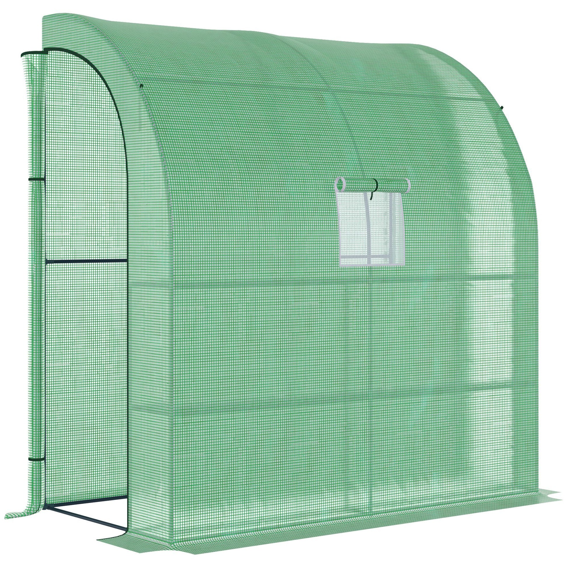 Outsunny 7' X 3' X 7' Lean To Greenhouse, Walk In Green House, Plant Nursery With 2 Roll Up Doors And Windows, Pe Cover And 3 Wire Shelves, Green Green Plastic