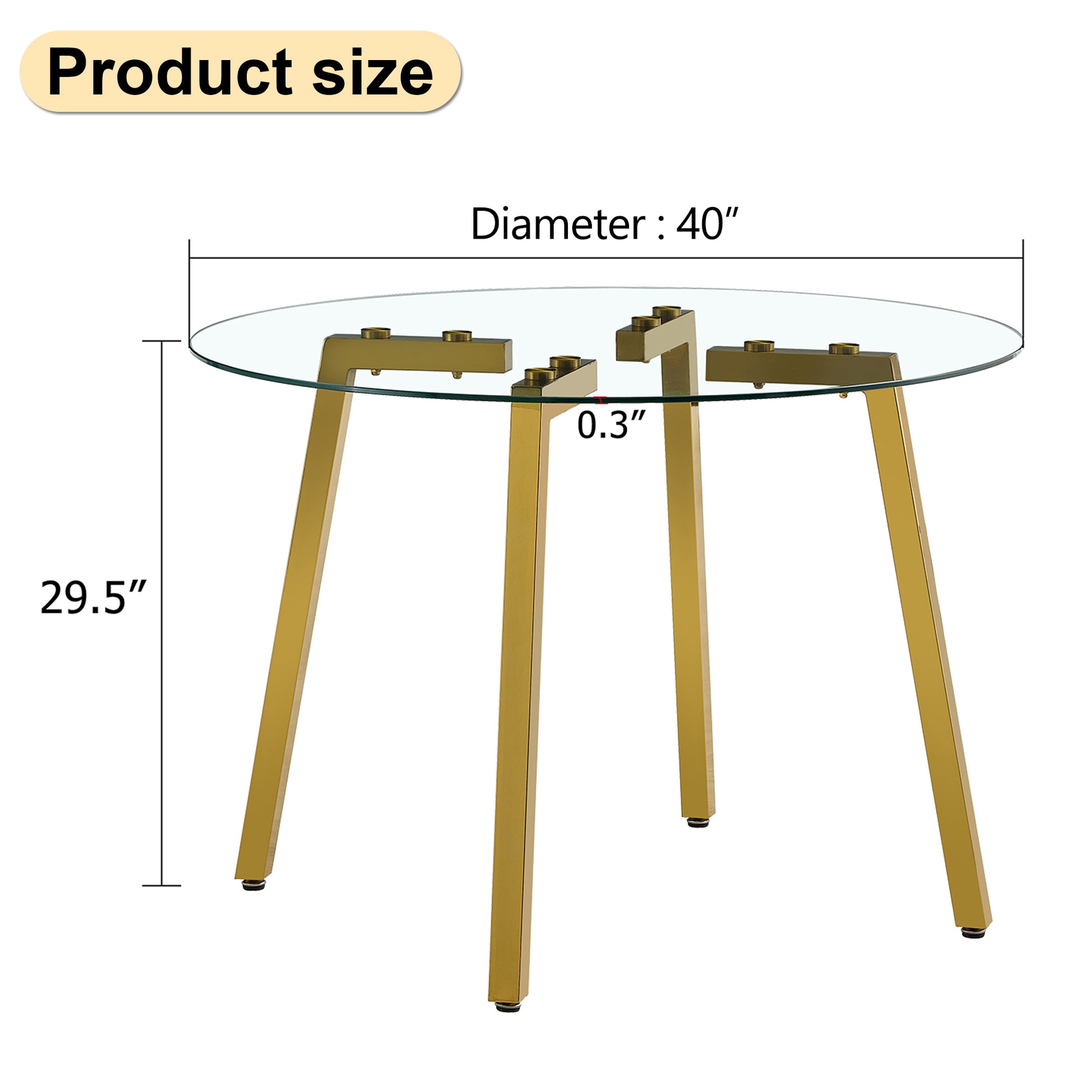 Modern Minimalist Style Circular Transparent Tempered Glass Table, Tempered Glass Tabletop, Golden Metal Legs, Suitable For Kitchen, Dining Room, And Living Room, 40 "* 40" * 29.5 "1123R Transparent Glass