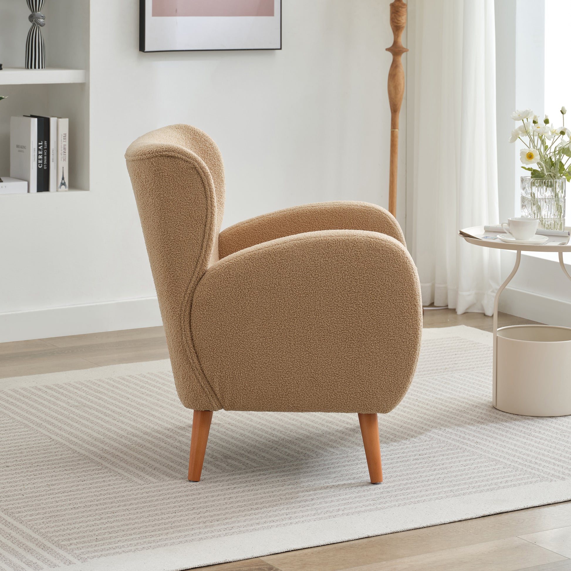 Modern Wingback Lounge Chair Stylish Design, Soft Fabric, Solid Wood Legs, Durable Frame,Brown Camel Boucle