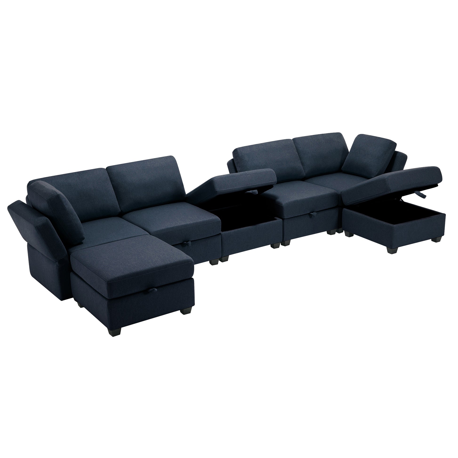 Modular Sectional Sofa U Shaped Sectional Couch With Ottoman, 7 Seat Modular Sofa With Chaise For Living Room, Adjustable Arms And Backs Blue Blue Polyester 4 Seat