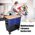 4 Drawers Multifunctional Tool Cart With Wheels And Wooden Top Blue Black Blue Metal