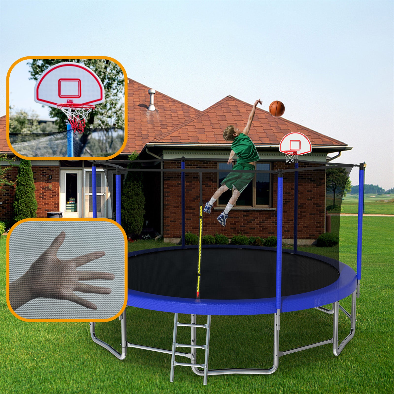 15Ft For Kids Children With Safety Enclosure Net Outdoor Backyards Large Recreational Trampoline Blue Metal