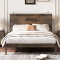 Farmhouse Wooden Platform Full Size Bed, Modern Platform Bed With Two Bedside Lights, Antique Walnut Full Walnut Wood