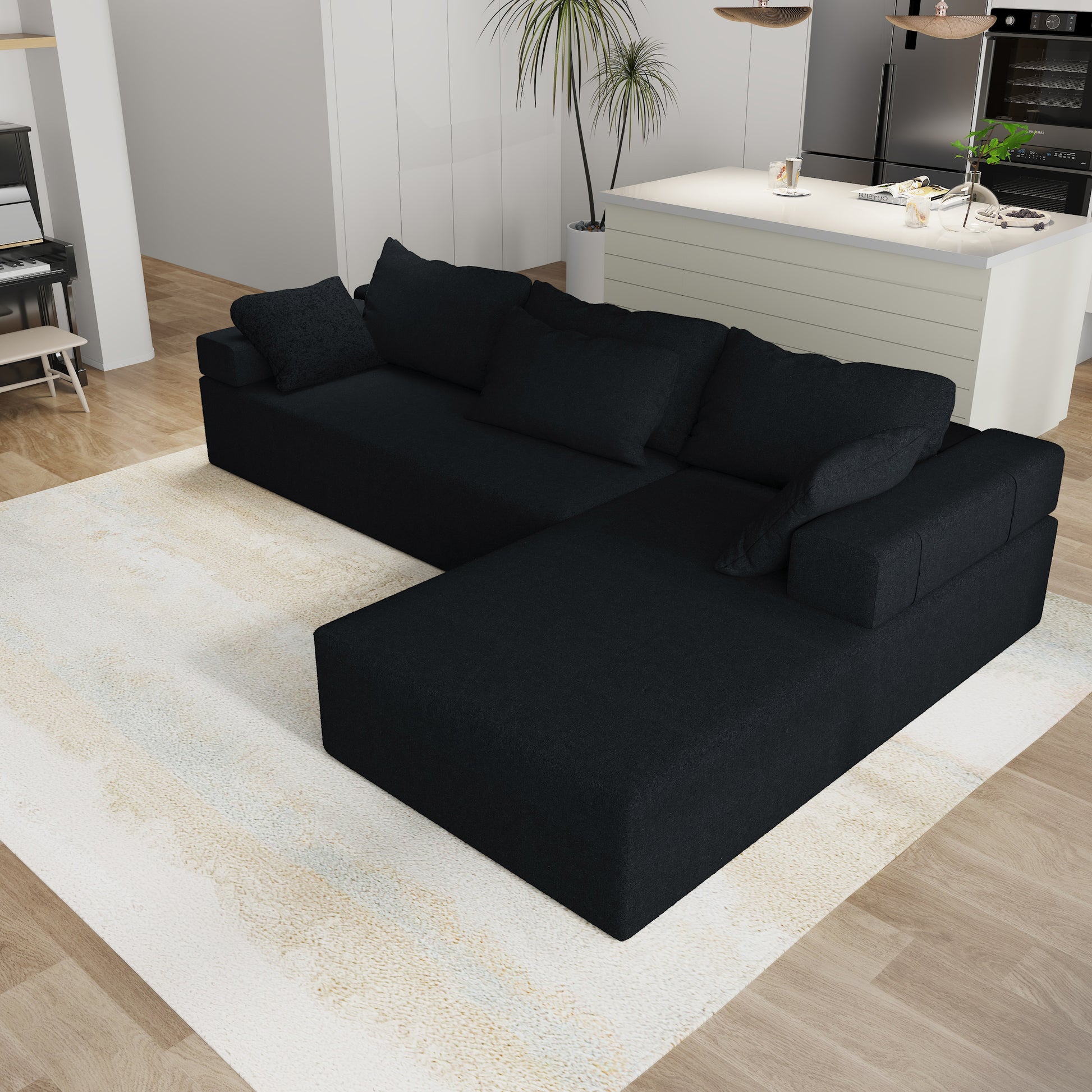 Modern Upholstered Sectional Sofa Couch Set,Modular 108" L Shaped Sectional Living Room Sofa Set With 6 Pillows,Free Combination Sofa Couch For Living Room,Bedroom Black Foam Chenille 3 Seat