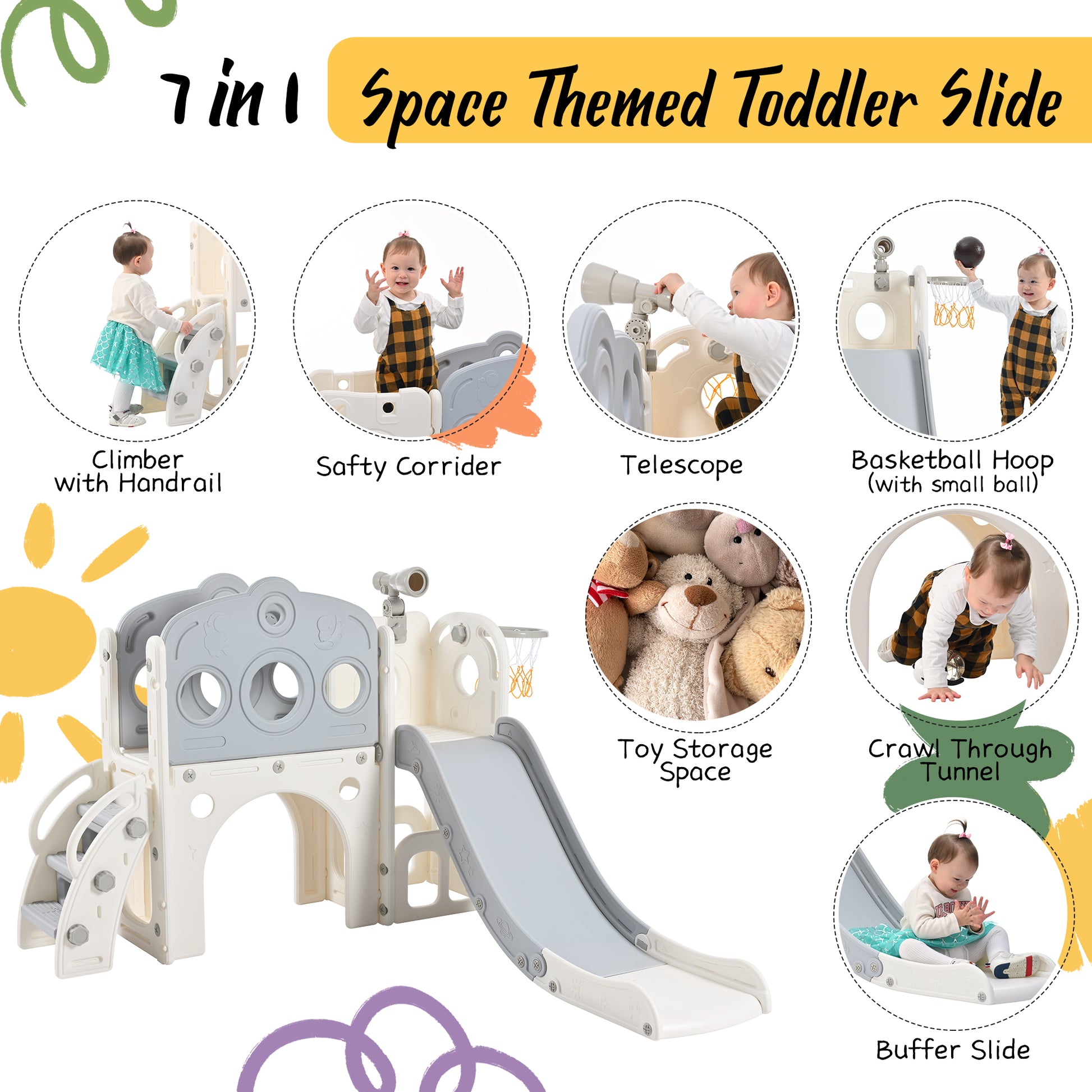 7 In 1 Toddler Slide Set, Freestanding Space Set With Slide, Kids Slide Playset Structure, Arch Tunnel And Basketball Hoop, Toy Storage Organizer For Toddlers, Kids Climbers Playground Grey White 50 99 Lbs Cute 1 To 2 Years Hdpe Indoor & Outdoor Use