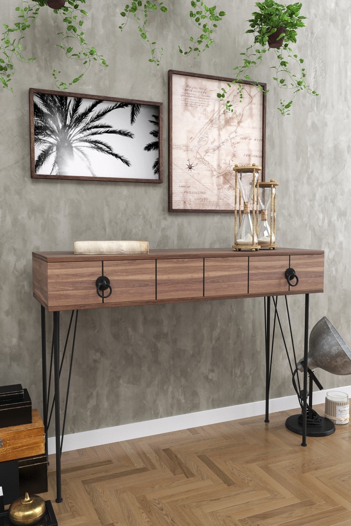 Asia Entryway Table, Metal Legs Wood Drawer Entryway Table, Walnut Walnut Brown Floating Desk Contemporary Rectangular Drawers Wood Hairpin