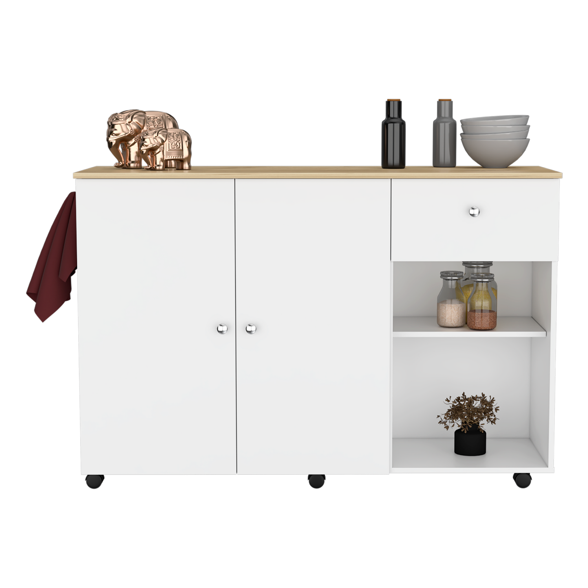 Kitchen Island Cart, Six Carter, One Drawer, Double Door Cabinet, Two External Shelves, Four Interior Shelves, White Pine Multicolor Solid Wood Mdf Engineered Wood