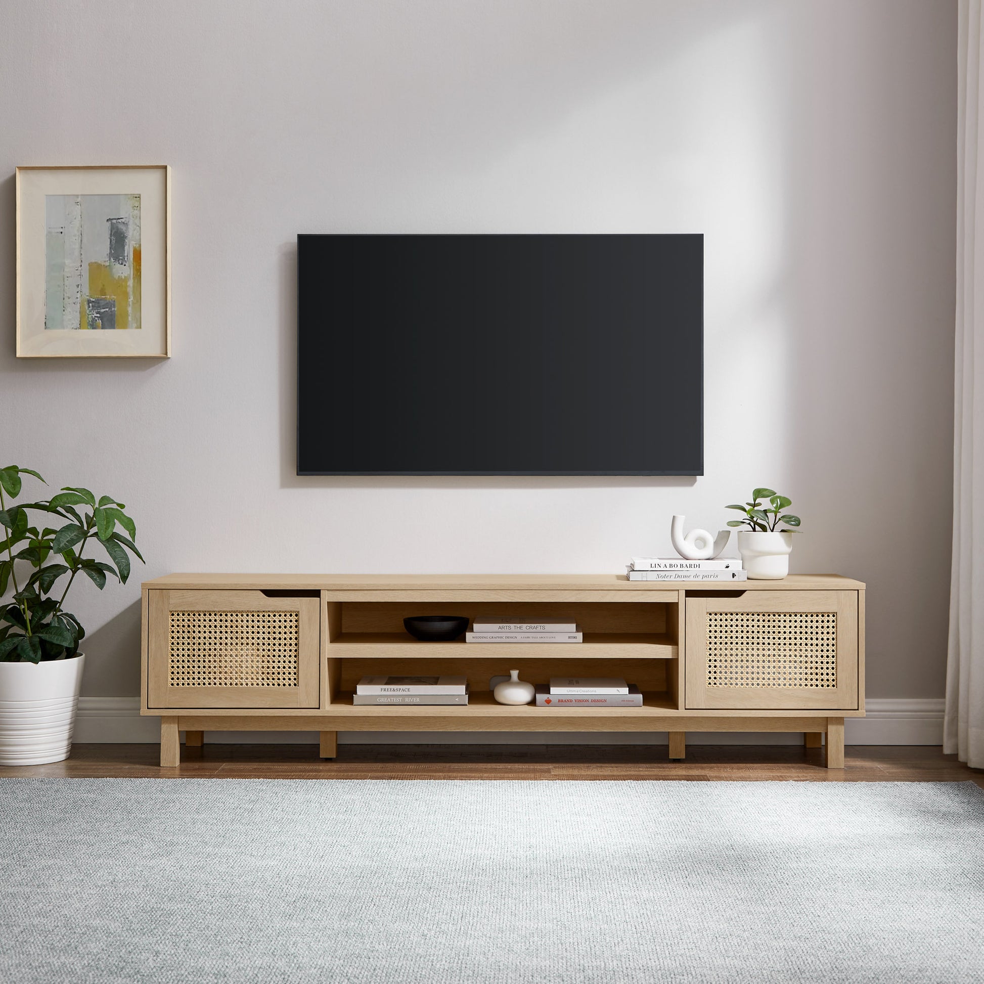 Modern Rattan Door Low Tv Stand For Tvs Up To 80 Inches Coastal Oak Light Brown 80 89 Inches Mdf Mdf