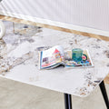 Modern Minimalist Dining Table. Imitation Marble Patterned Stone Burning Tabletop With Black Metal Legs. 62.2 