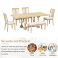 Traditional 6 Piece 78Inch Trestle Extendable Dining Table Set With One 18Inch Removable Leaf, Padded Dining Chairs And Bench,Natural Wood Dining Room Solid Wood Rubberwood Rectangular Dining Table With Chair And Bench Upholstered Chair Wood Natural Slat