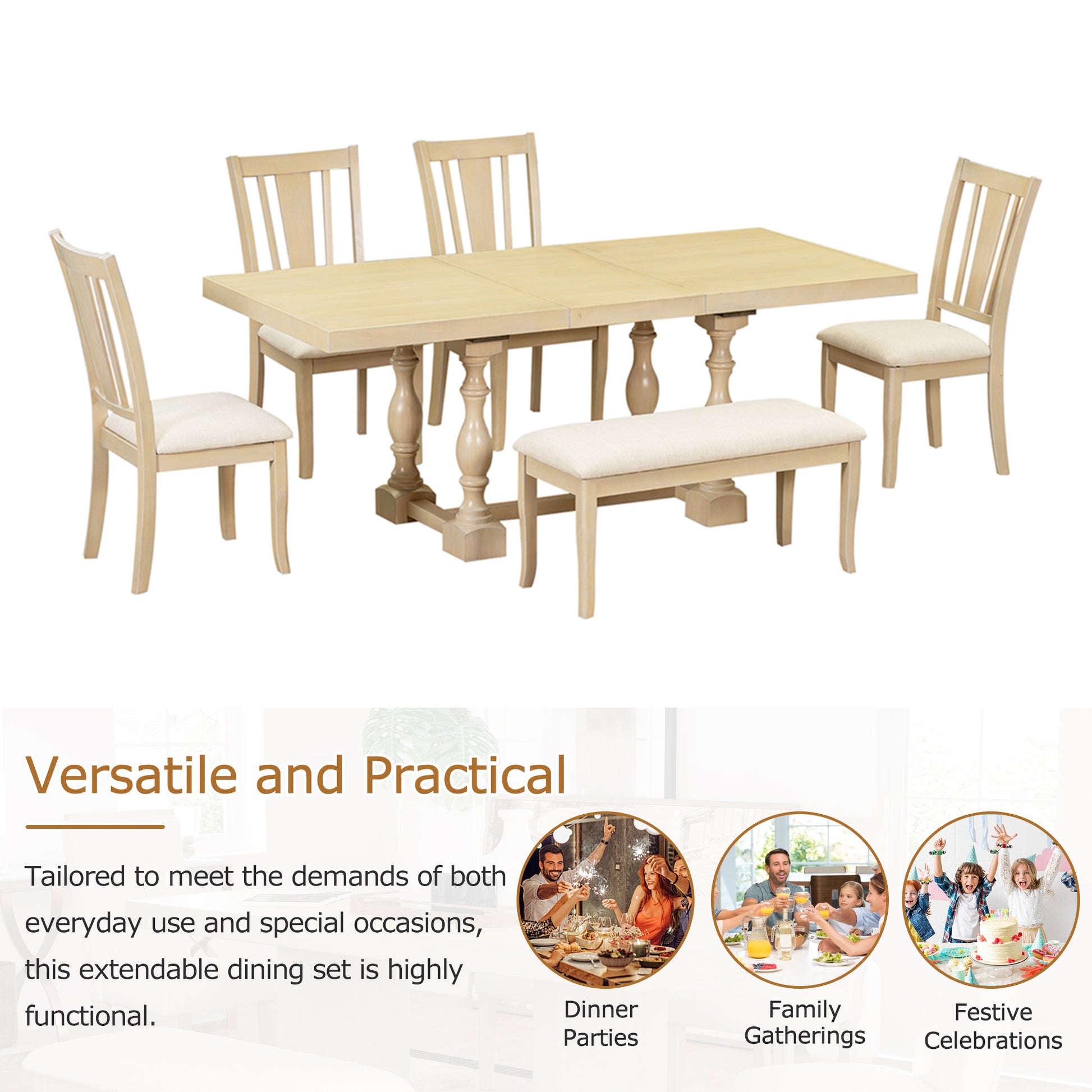 Traditional 6 Piece 78Inch Trestle Extendable Dining Table Set With One 18Inch Removable Leaf, Padded Dining Chairs And Bench,Natural Wood Dining Room Solid Wood Rubberwood Rectangular Dining Table With Chair And Bench Upholstered Chair Wood Natural Slat