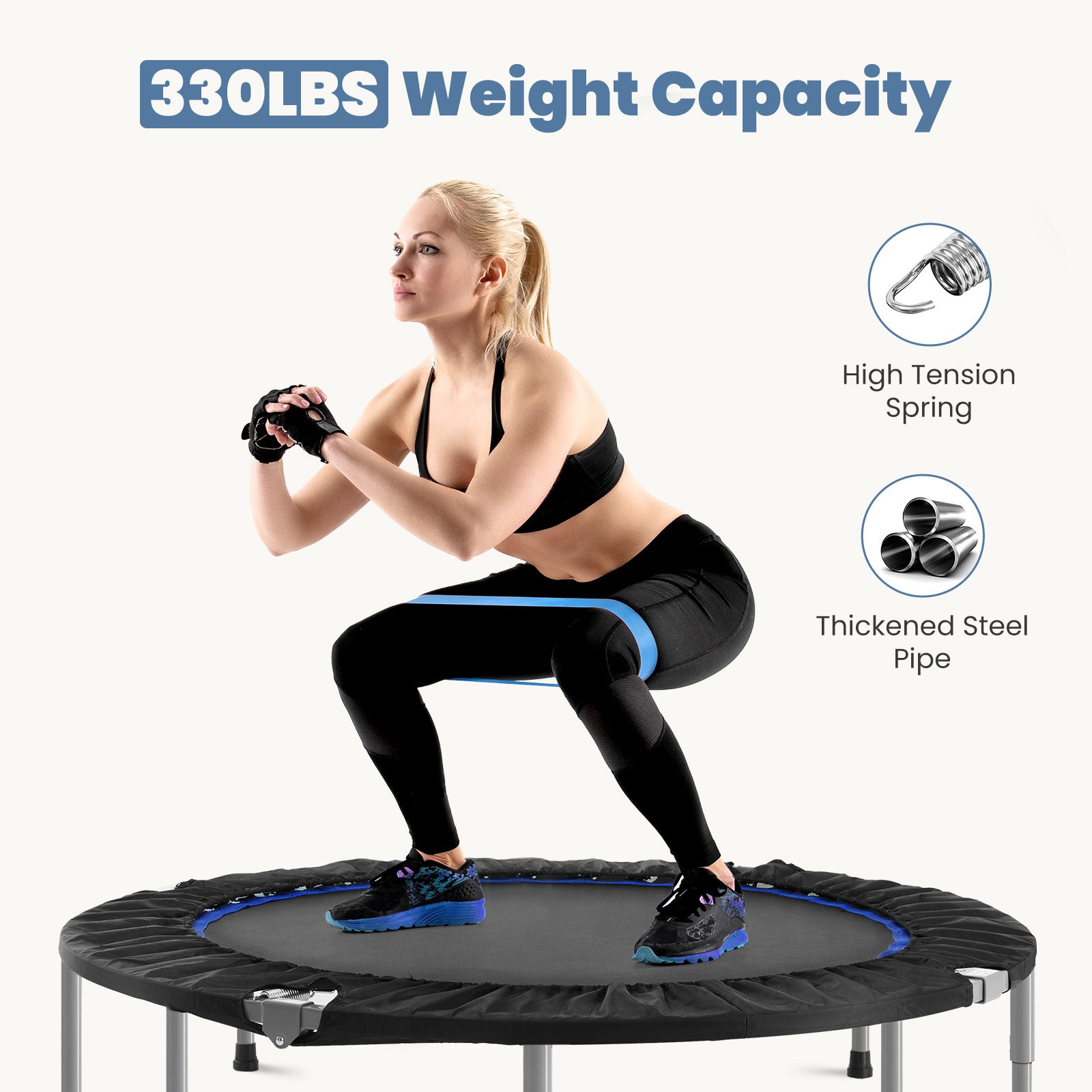 40" Foldable Mini Trampoline For Adults, Trampoline For Adults With Adjustable Bar Blue Abs Rubber Steel Q235