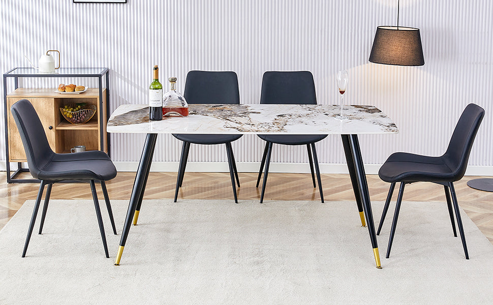 Table And Chair Set, Imitation Marble Texture Rock Board Table Top, Black Metal Table Legs, Stable And Beautiful. Modern Simple Dining Table, Comfortable Seating. White Black Seats 4 Metal