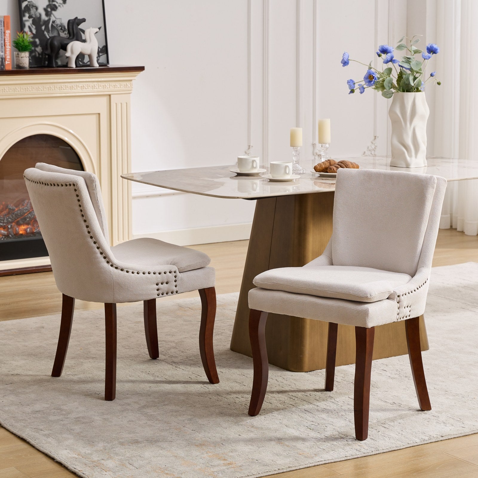 Modern Dining Chairs Set Of 2,Double Layer Cushioned Chenille Fabric Upholstered Accent Side Leisure Chairs With Mid Back And Curved Solid Wood Legs For Living Room Dining Room Beige Beige American Design Dining Chairs Rubberwood Set Of 2 Foam Chenille