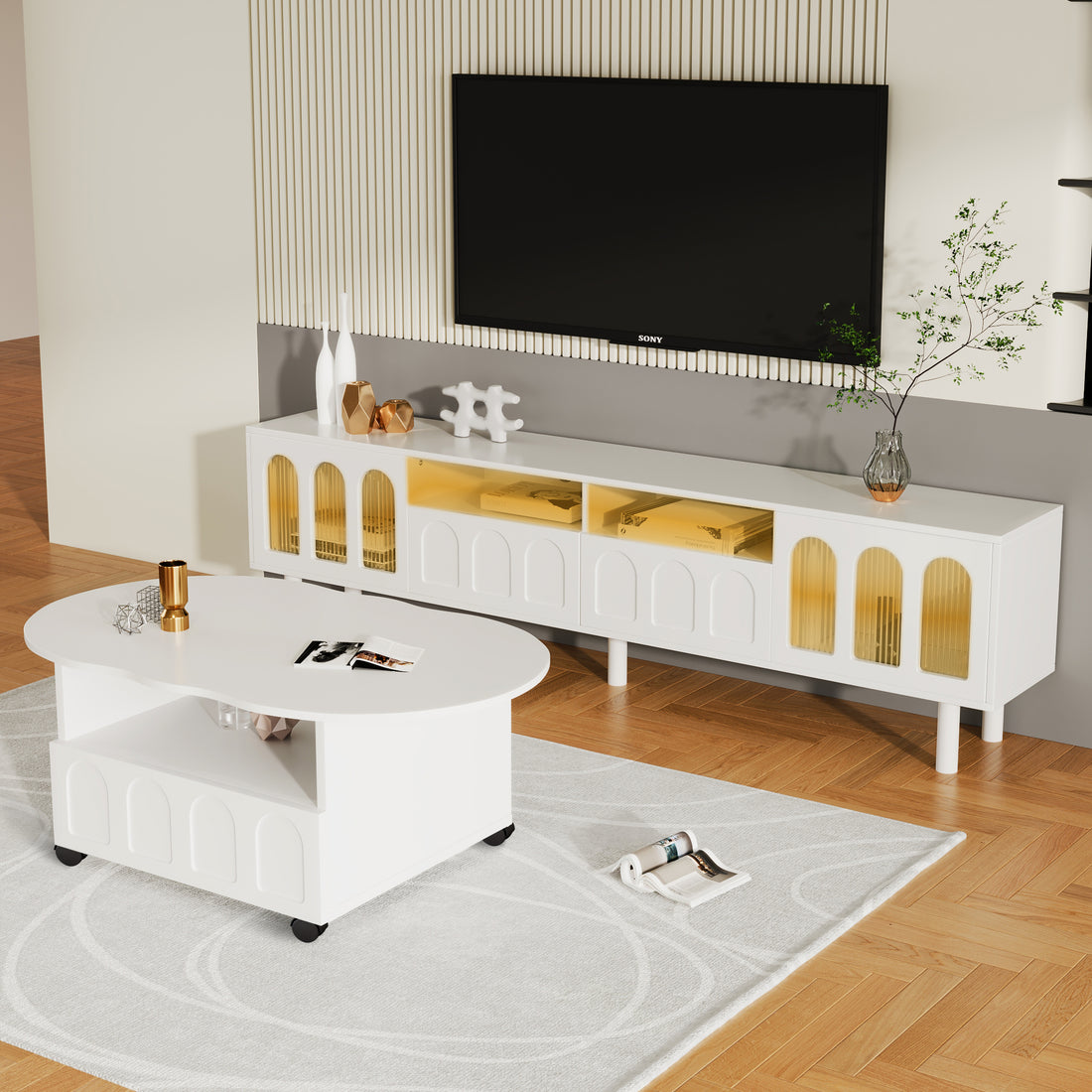 Cream Style Tv Stand And Coffee Table Set Of 2, Led Light Strip Tv Stand For Tvs Up To 80'', Cloud Top Coffee Table With 2 Brake Wheels For Living Room, White White 80 89 Inches Particle Board