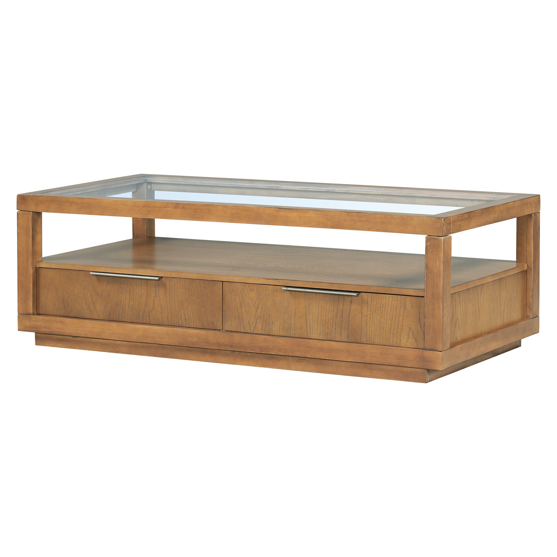 Modern Wood Coffee Table With 2 Drawers ,Minimalist Display Coffee Table With Transparent Tempered Glass, Open Storage Shelf For Living Room Brown Solid Wood Mdf