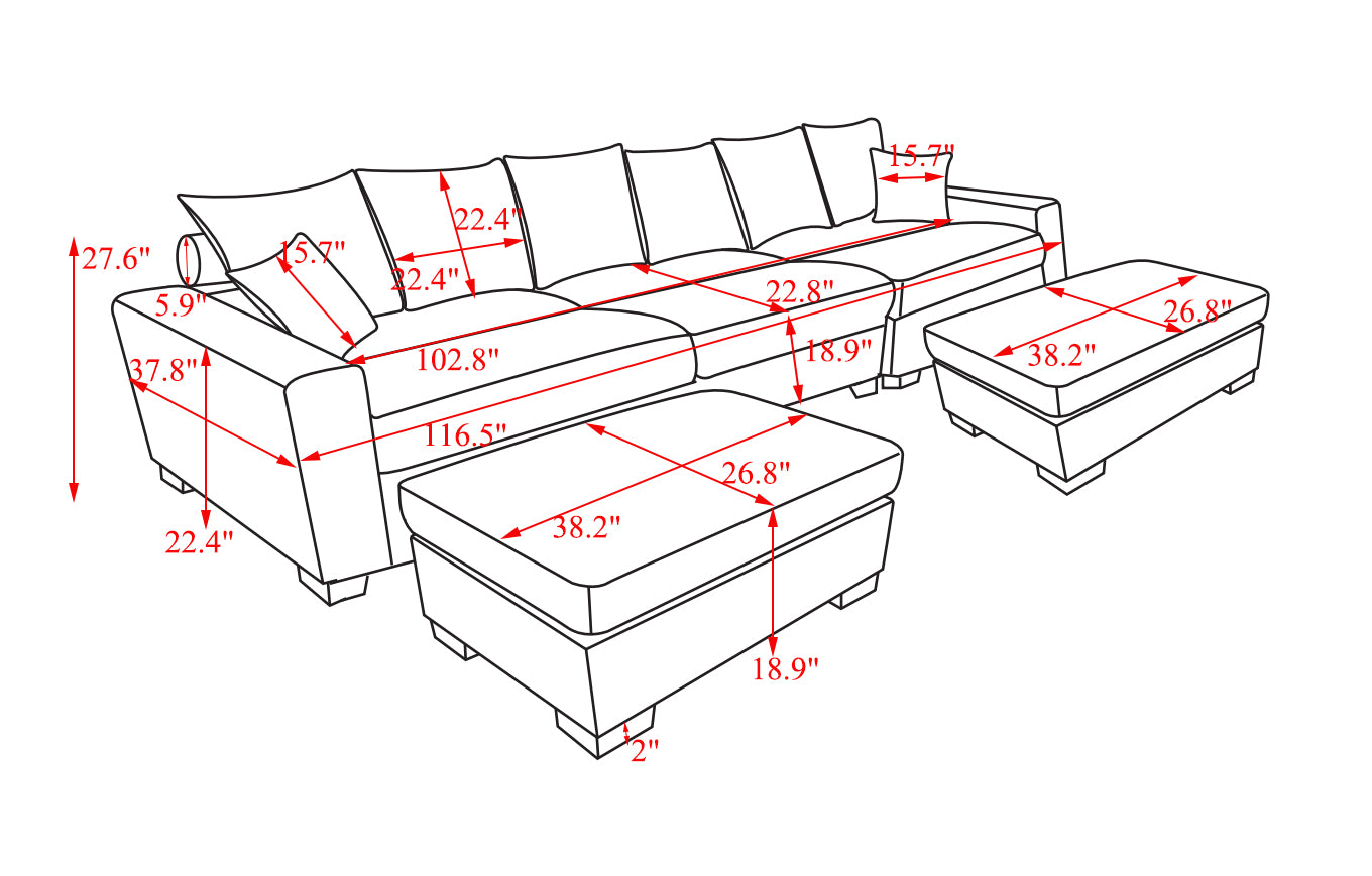 Modular Sectional Sofa,5 Seater Oversized Convertible L & U Shaped Couch, Corduroy Fabric Grey Wood Fabric 5 Seat