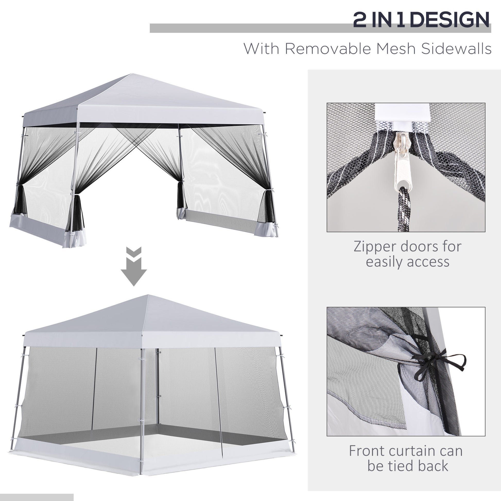 Outsunny Slant Leg Pop Up Canopy Tent With Netting And Carry Bag, Instant Sun Shelter, Tents For Parties, Height Adjustable, For Outdoor, Garden, Patio, 11.5'X11.5' Base 10'X10' Top , White White Steel
