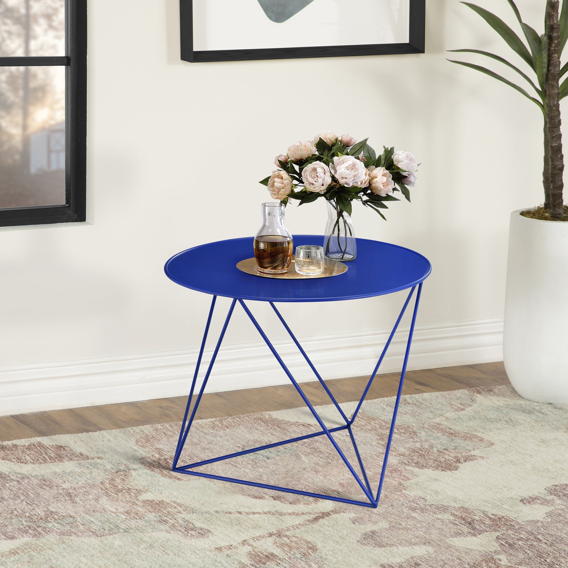 Blue Geometric Metal Base Accent Table Blue Primary Living Space Modern Round Metal Sled