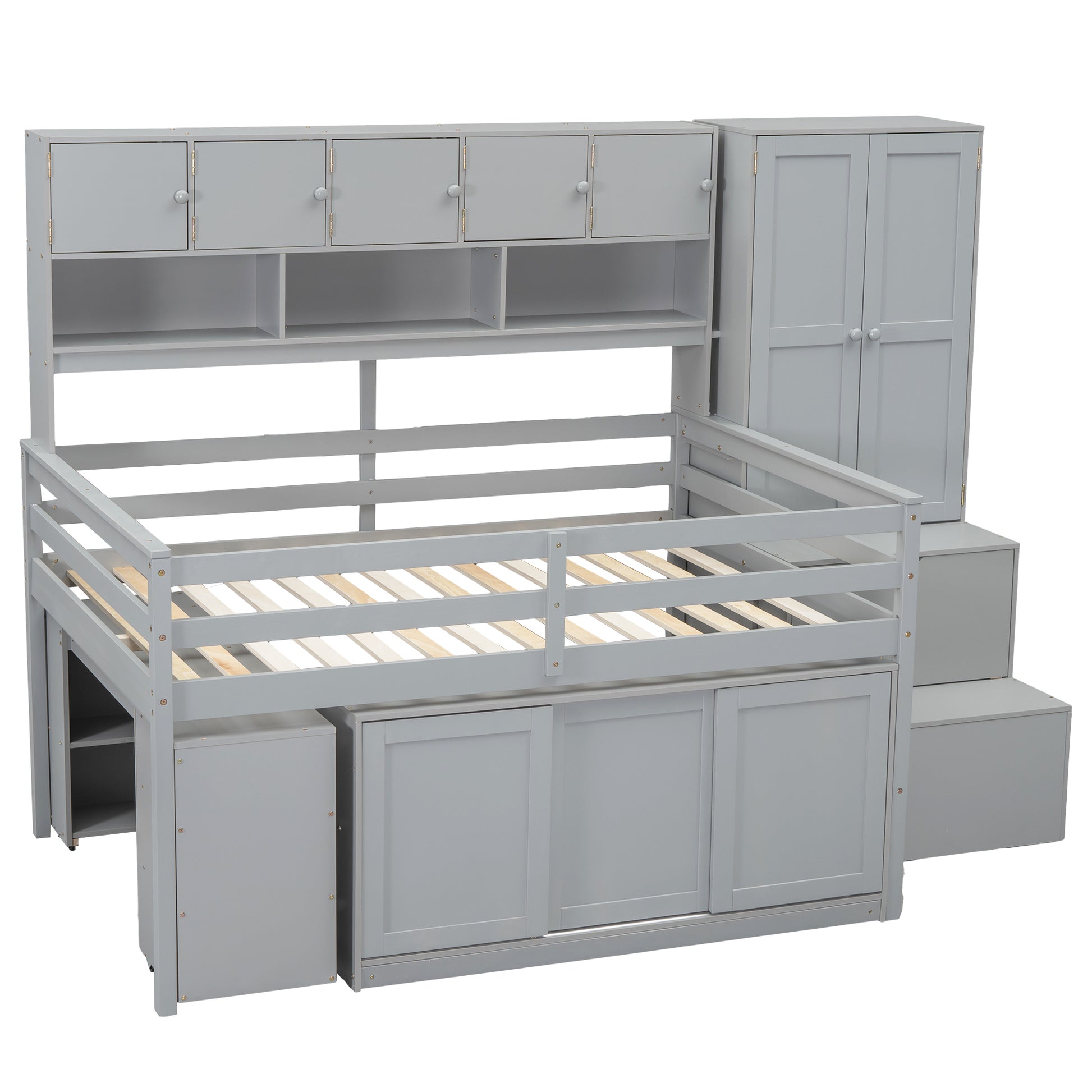 Full Size Wooden Loft Bed Big Storage With Under Bed Desk, With Drawers, With Shelves, Gray Full Gray Plywood