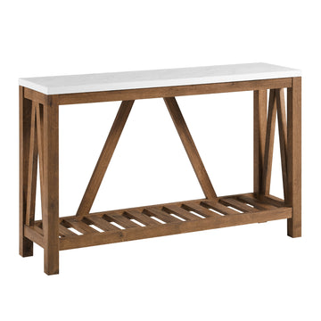 Farmhouse A Frame Faux Marble Entry Table With Lower Shelf Faux White Marble Walnut White Marble Mdf