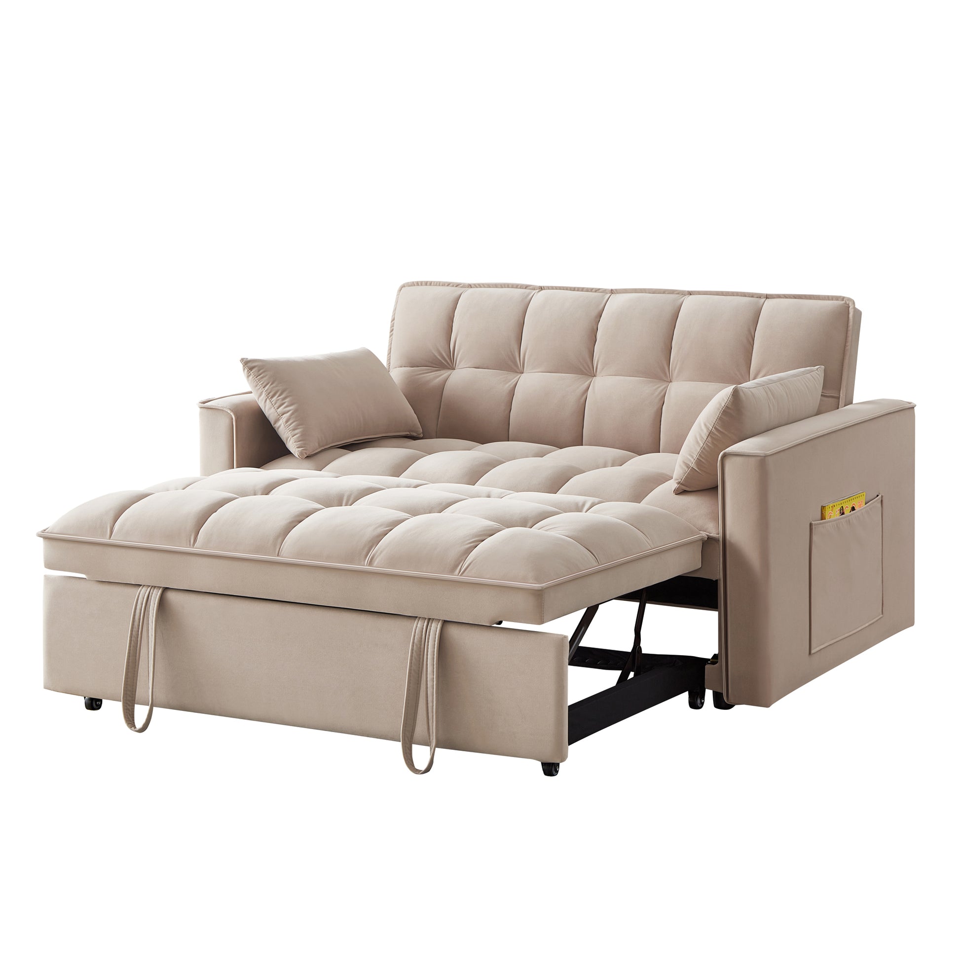 4 In1 Loveseat Sofa Bed With Armrests & Storage Pockets, Multi Function Tufted Pull Out Sofa Bed With Adjustable Backrest And Pillows, Convertible Loveseat Sofa Couch,Taupe Taupe Velvet Primary Living Space Medium Soft Tufted Back American