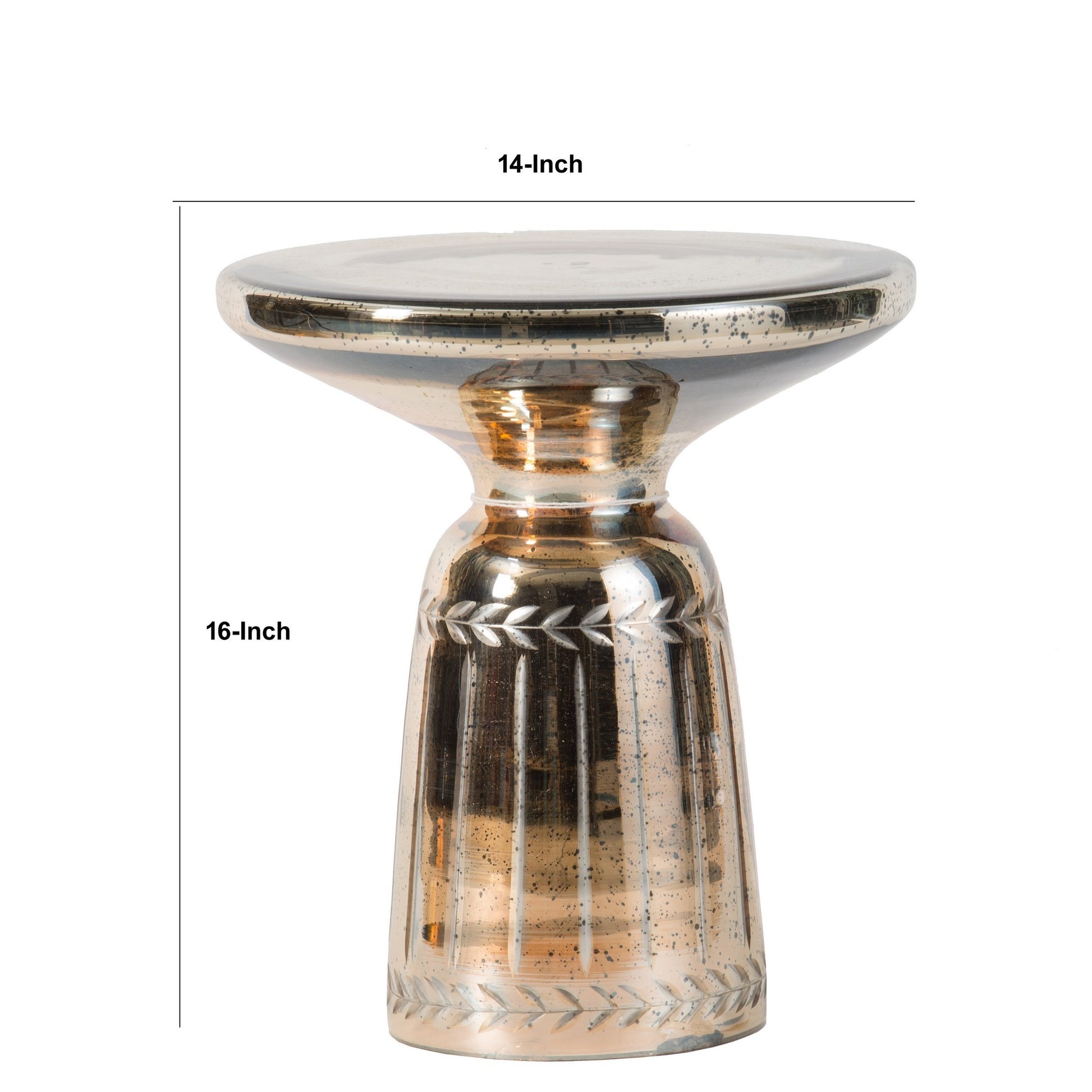 Liv 18 Inch Side Table, Laurel Accent Trimmed Edge, Round Glass Top, Gold Gold Glass