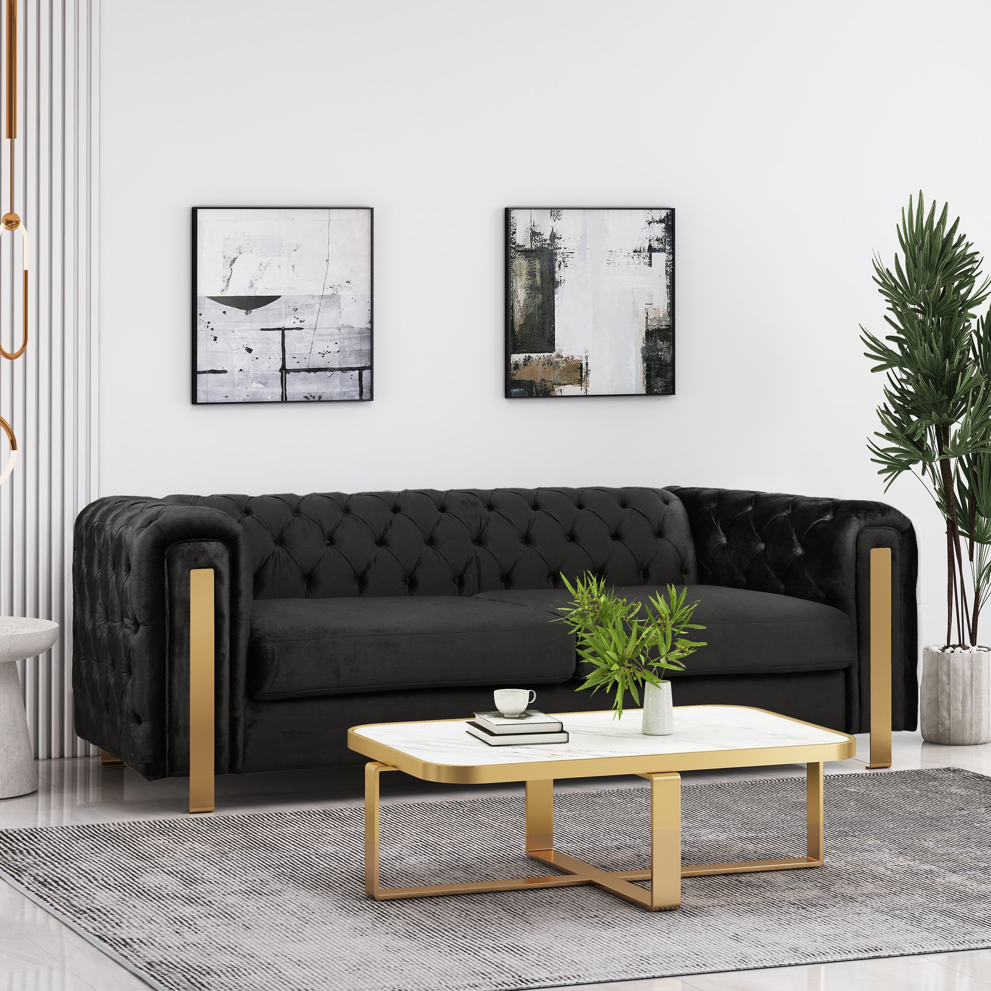 Mirod Comfy 3 Seat Sofa With Tufted Back And Arm, Modern For Living Room Black Velvet 3 Seat