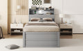 Twin Size Wooden Led Platform Bed With Trundle, With Storage Headboard, With Drawers, Gray Twin Gray Plywood