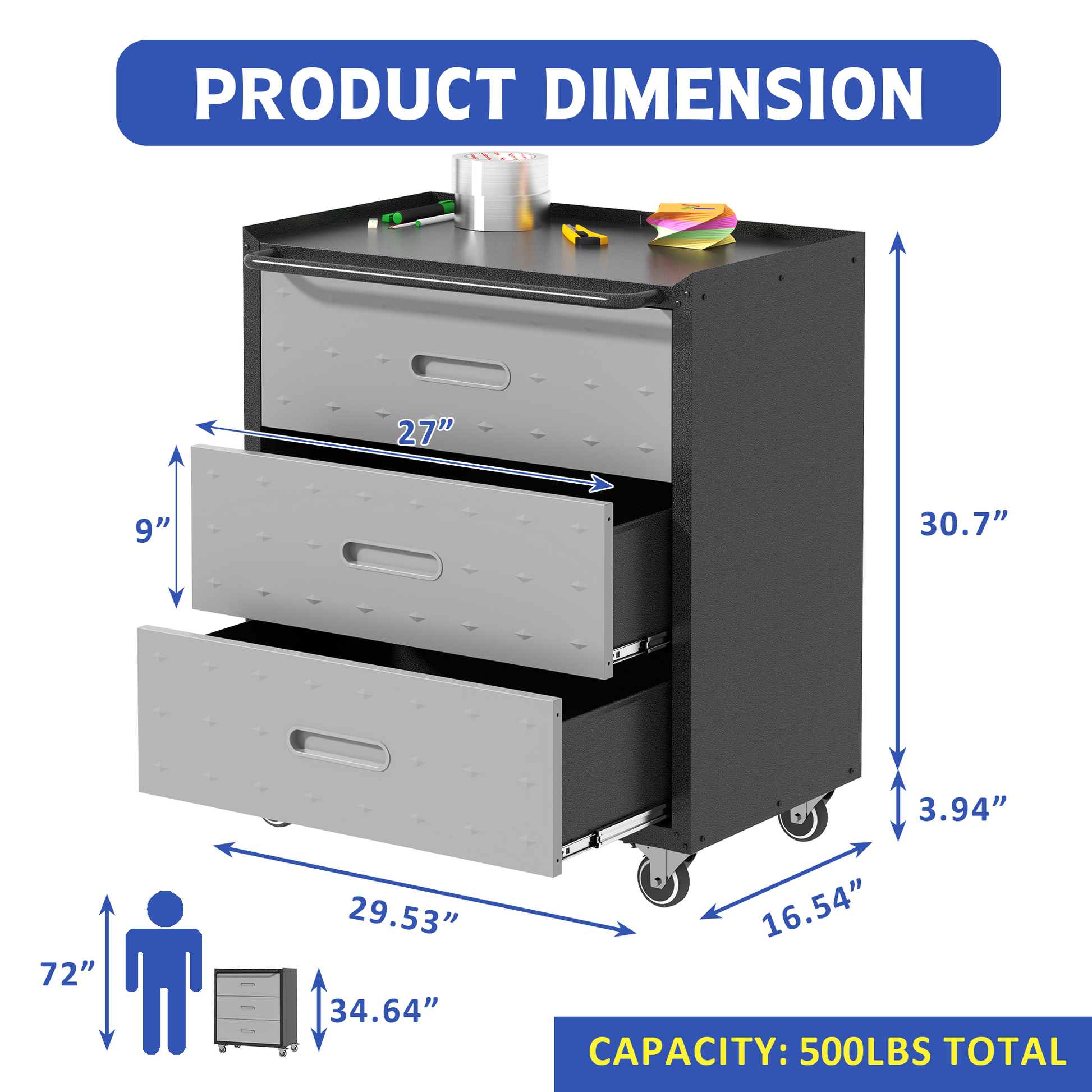 Heavy Duty Metal Storage Cabinet With Wheels 3 Drawer Tool Cabinet For Garage, Office, And Home Organizer Solutions, Black Gray Black Gray Steel