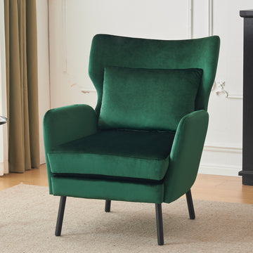 Wing Back Velvet Accent Chair, Modern Living Room Armchair Comfy Upholstered Single Sofa Chair For Bedroom Dorms Reading Reception Room With Metal Legs & Pillow, Green Green Velvet