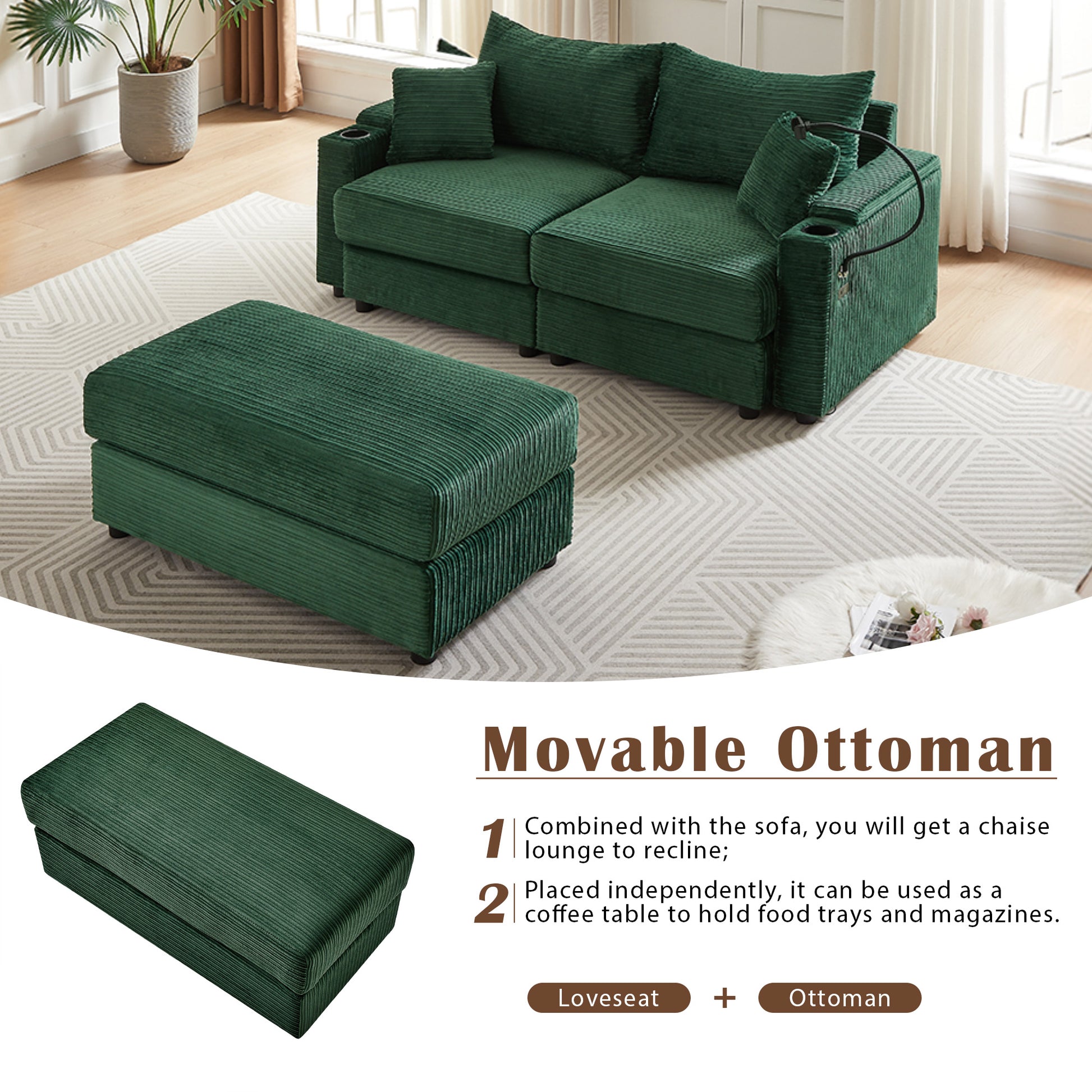 72.8" Modern Style Loveseat Sofa Sectional Sofa Couch With Storage Space, A Movable Ottoman, Two Usb Ports, Two Cup Holders, A Phone Holder For Living Room, Green Green Foam Corduroy 3 Seat