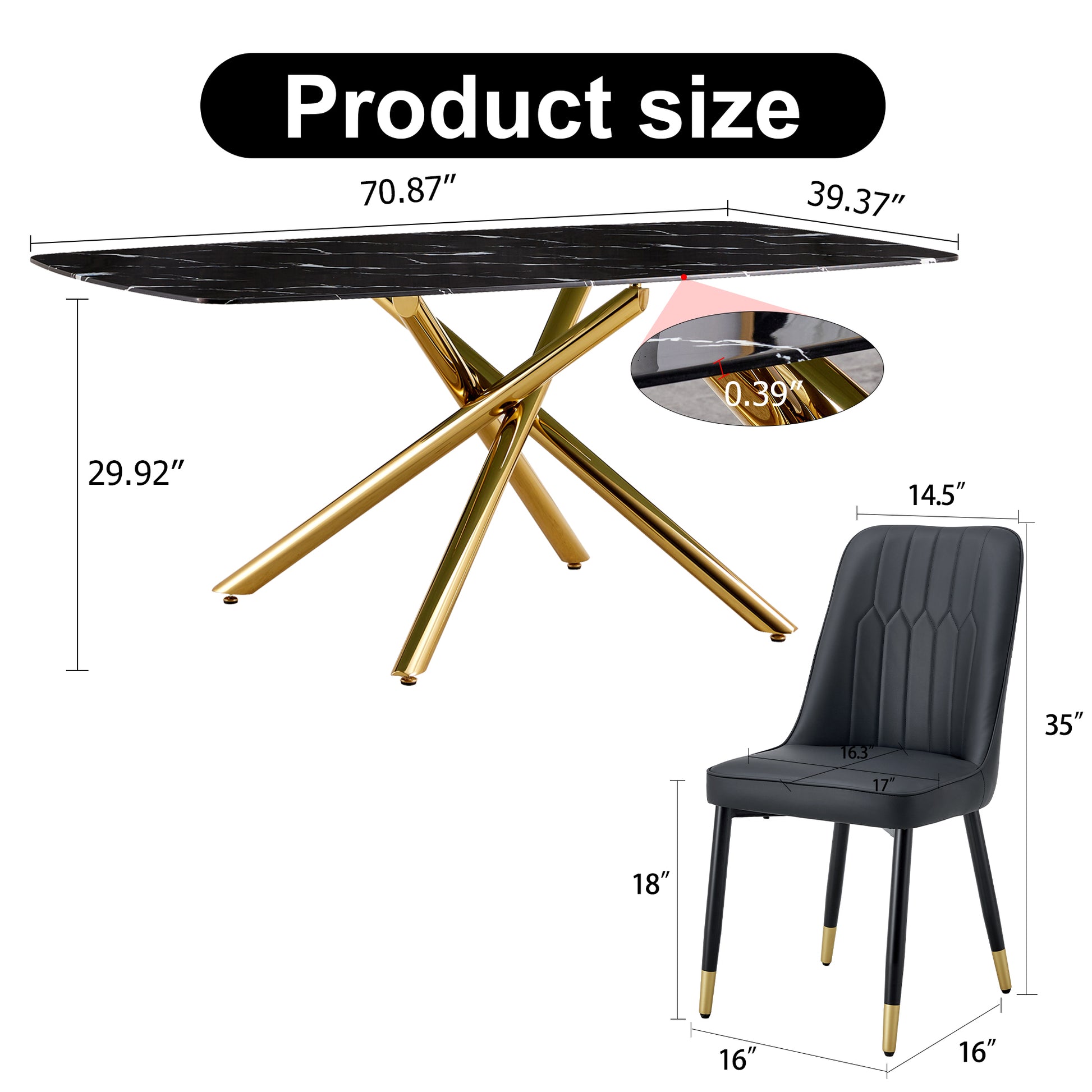 Large Modern Minimalist Rectangular Dining Table With 0.39 "Imitation Marble Black Tabletop And Golden Metal Legs, Paired With Chairs With Pu Cushions And Black Metal Legs. F 1537 C 007 Black Gold Glass Metal