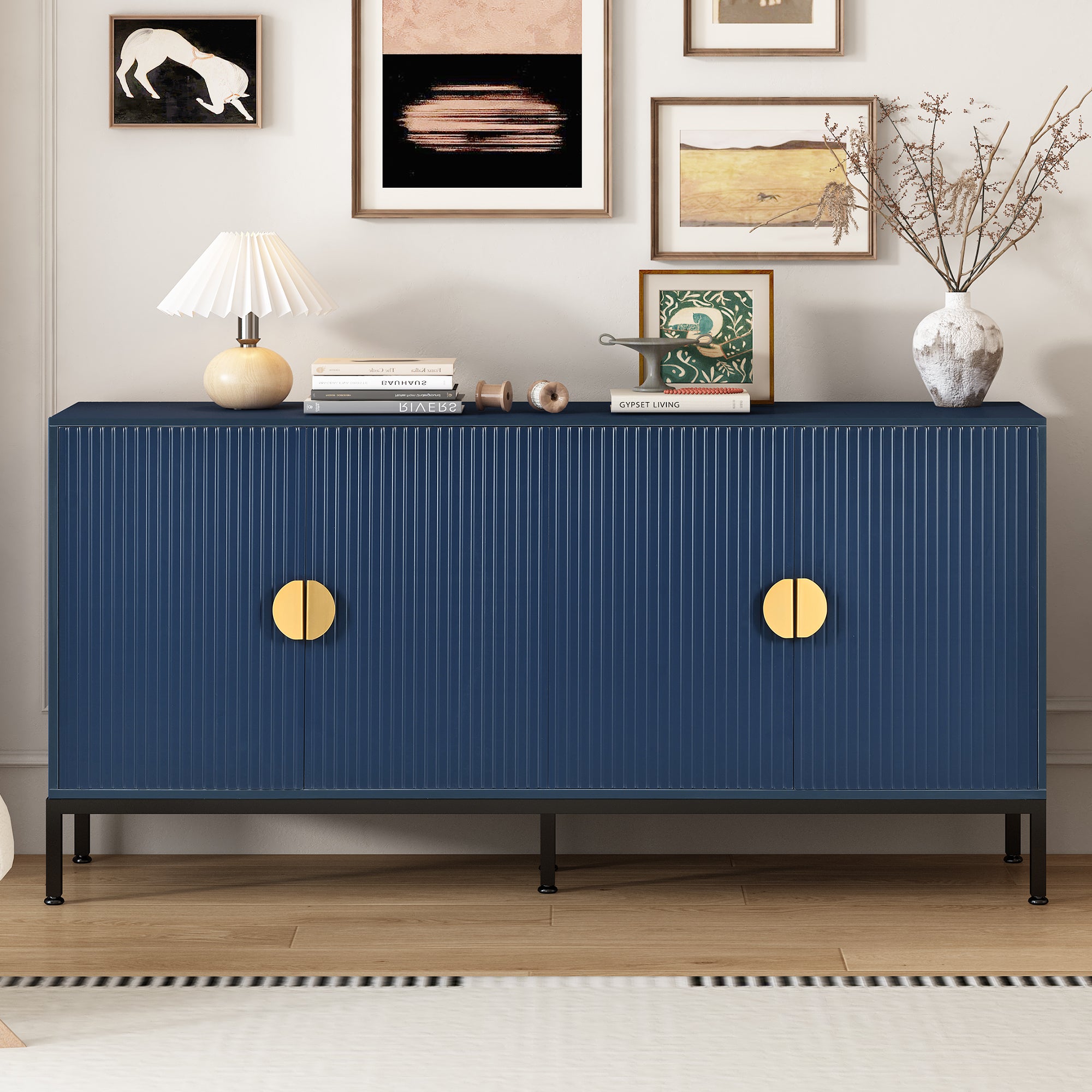 Exquisite Vertical Striped Four Door Sideboard With Sturdy Metal Legs And Semi Circular Handles, Suitable For Study, Entryway And Living Room Navy Blue Primary Living Space American Design Mdf