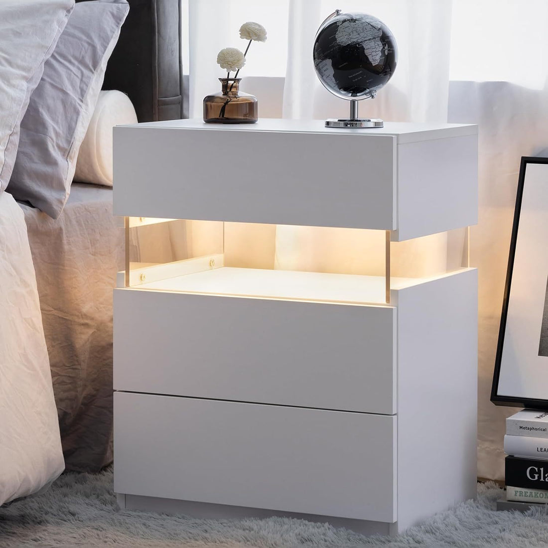 Led Nightstands 3 Drawer Dresser For Bedroom End Table With Acrylic Board Led Bedside Tables For Bedroom Living Room Bedside Furniture White White 3 Drawers Bedroom American Design,American Traditional,Boho,Classic Storage Engineered Wood