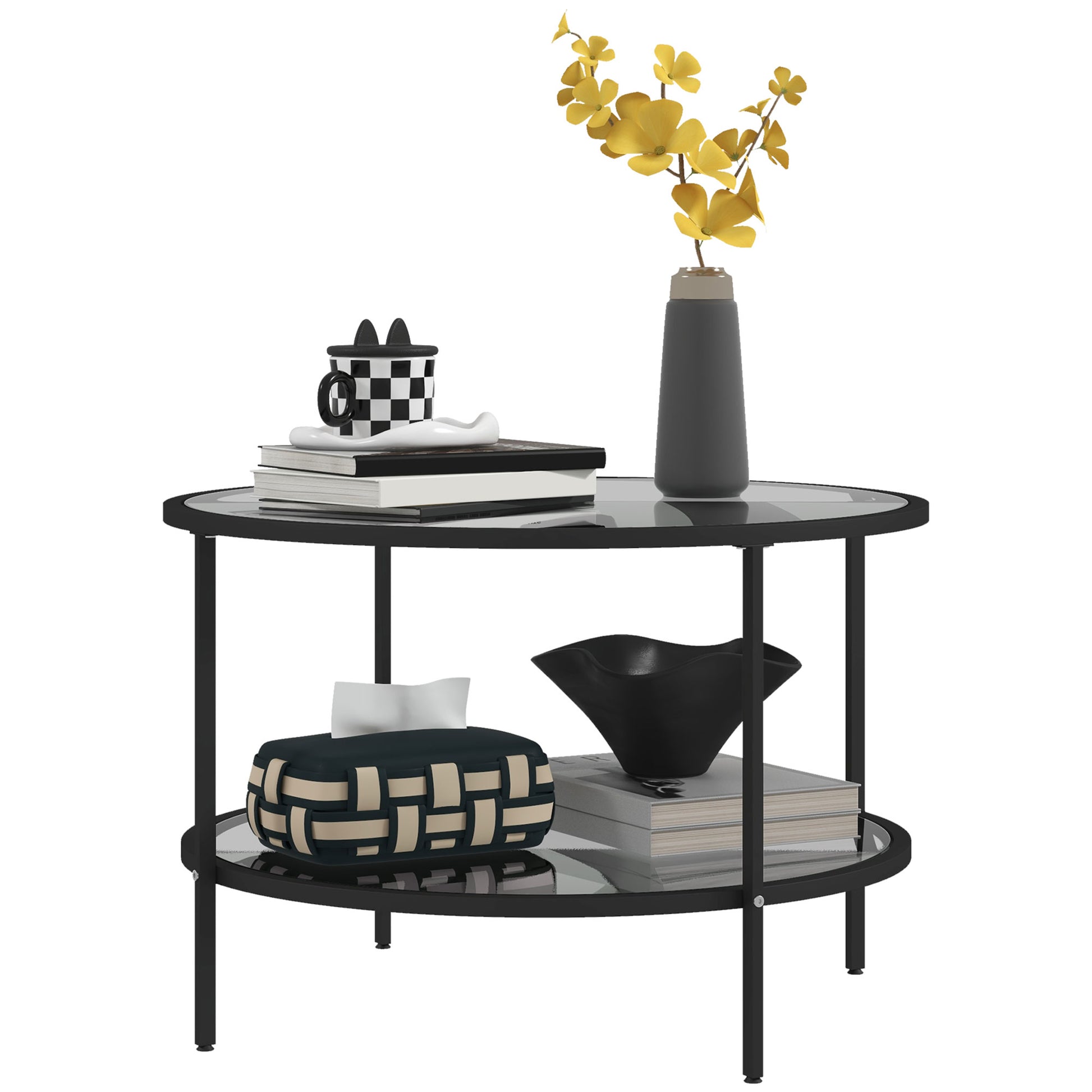 Homcom Side Table With Storage, 26" Round End Table, 2 Tier Tempered Glass Coffee Table With Steel Frame For Living Room, Black Black Glass Metal