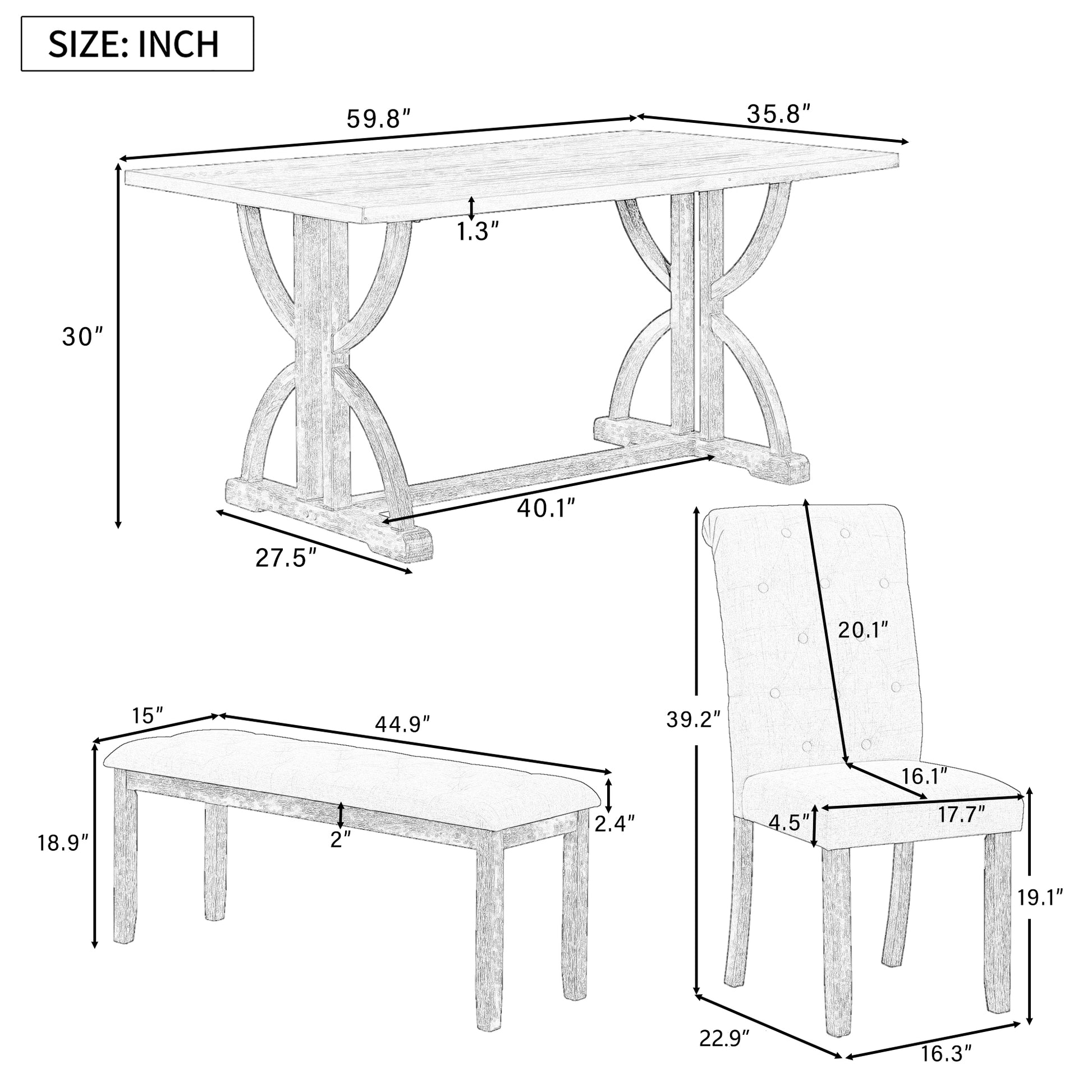 6 Piece Retro Rectangular Dining Table Set, Table With Unique Legs And 4 Upholstered Chairs & 1 Bench For Dining Room And Kitchen Gray Wash Gray Wash Lvl