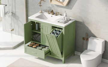 36" Bathroom Vanity With Sink, One Cabinet With Two Doors And One Big Drawer And One Flip Drawer, Solid Wood And Mdf Board, Green Green Solid Wood Mdf