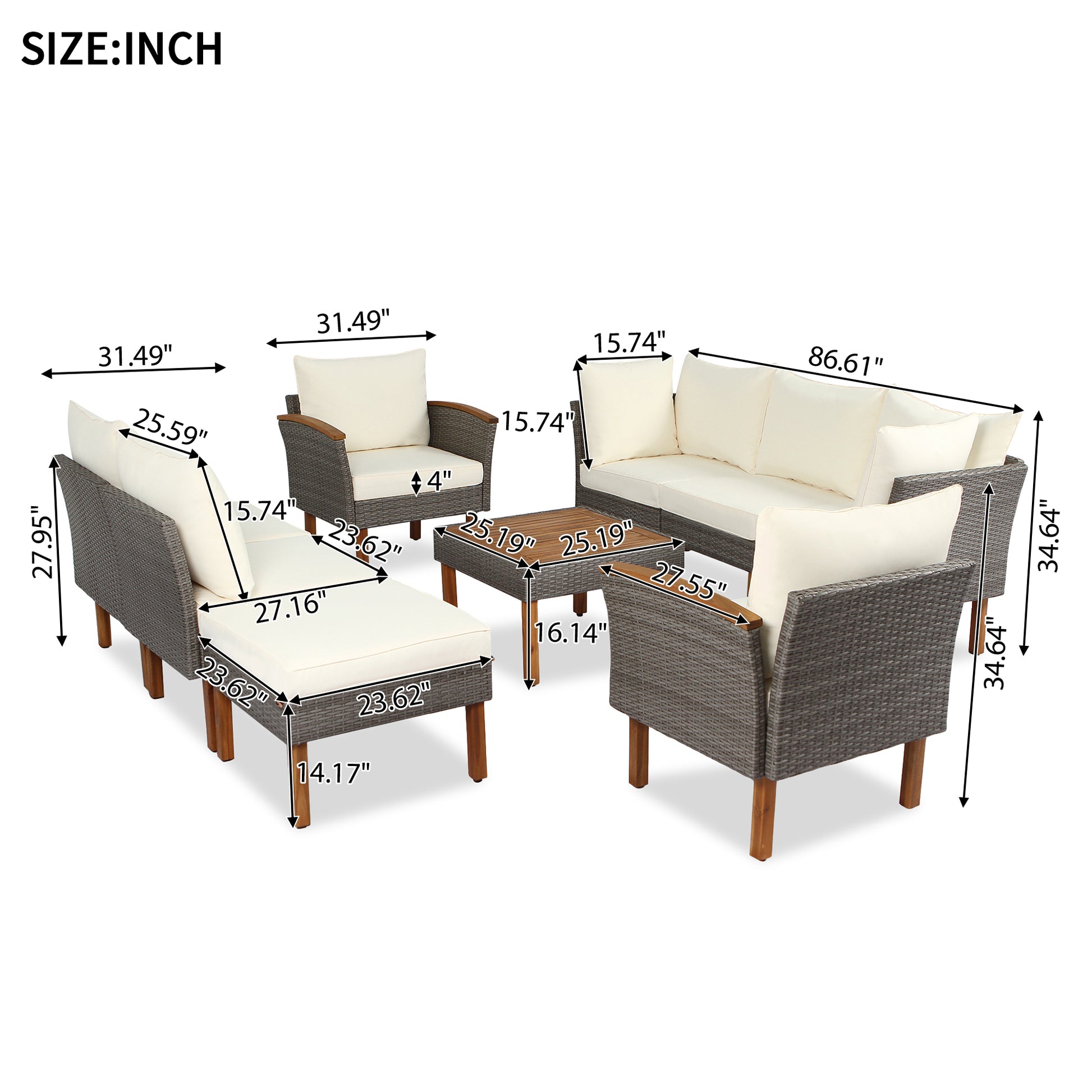 9 Piece Patio Rattan Furniture Set, Outdoor Conversation Set With Acacia Wood Legs And Tabletop, Pe Rattan Sectional Sofa Set With Coffee Table, Washable Cushion, Beige Yes Beige Garden & Outdoor Complete Patio Sets Foam Wicker