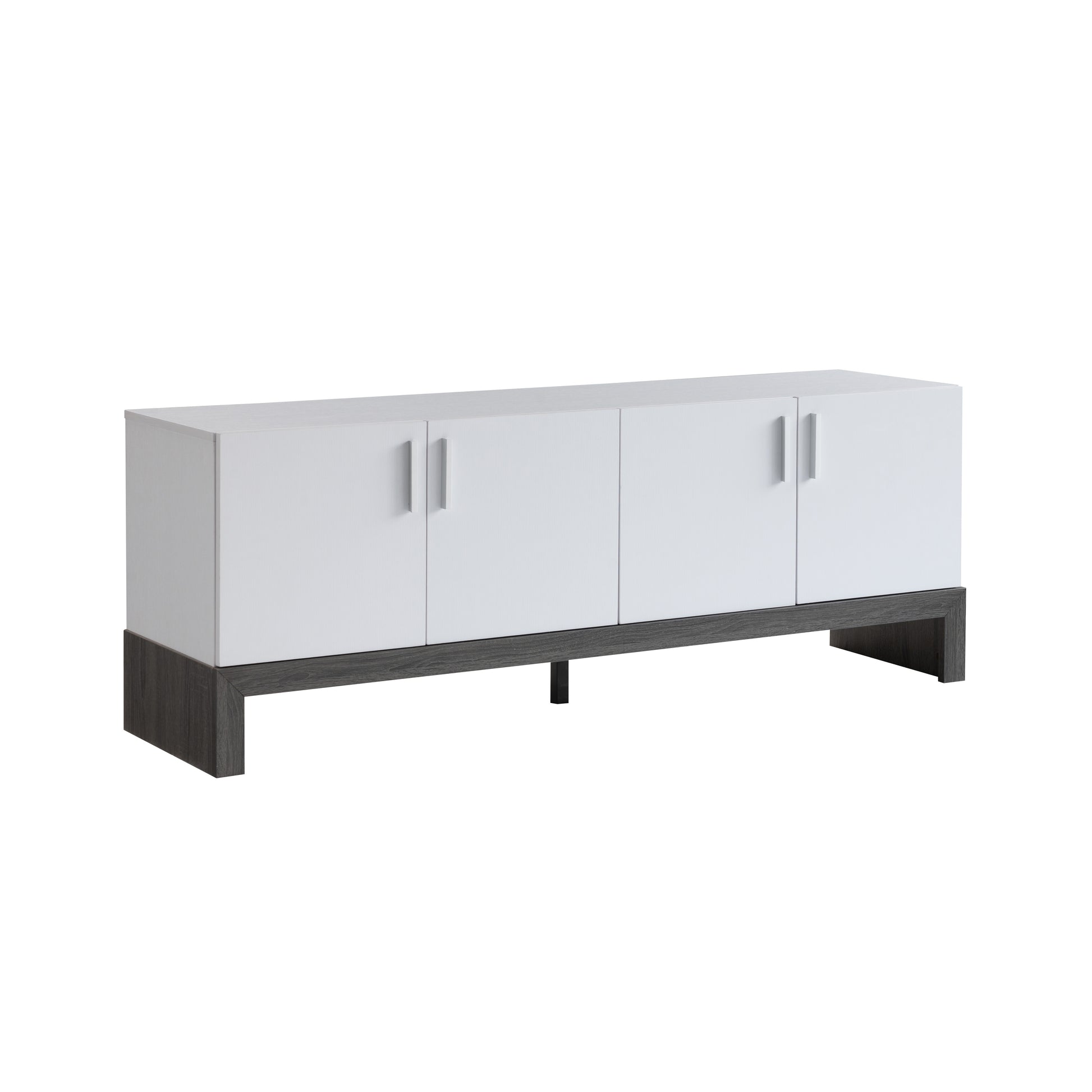 Tv Stand In White & Distressed Grey With Four Door Cabinets, Metal Hinges, And Sturdy Wooden Leg Platform White Charcoal 60 69 Inches Mdf