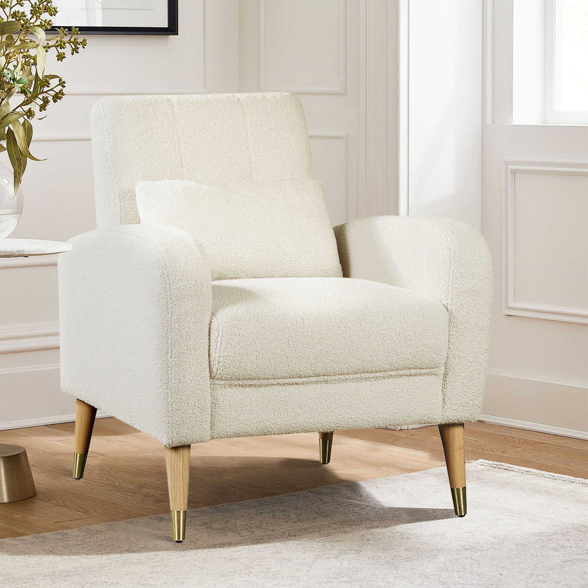 Mid Century Modern Accent Chair, Upholstered Armchair Living Room Chair, Comfy Single Sofa Chair With Metal Legs, Polyester Fabric Chair For Living Room Bedroom White Sherpa