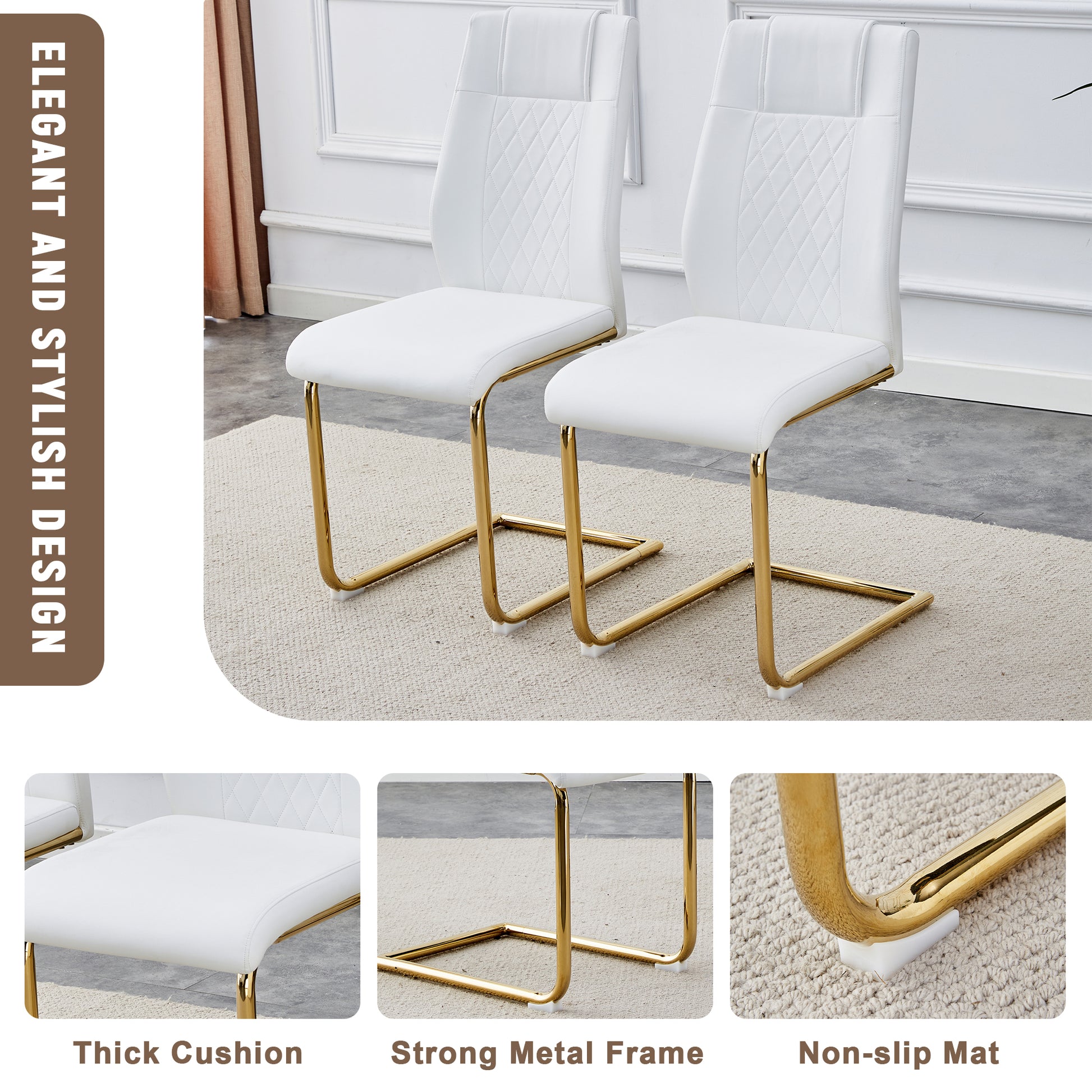 Table And Chair Set.The Table Has A Glass Tabletop With Imitation Marble Pattern Stickers And Stainless Steel Golden Table Legs. Paried With Comfortable Chairs With Pu Seats And Metal Legs. Gold Black Seats 6 Glass Metal
